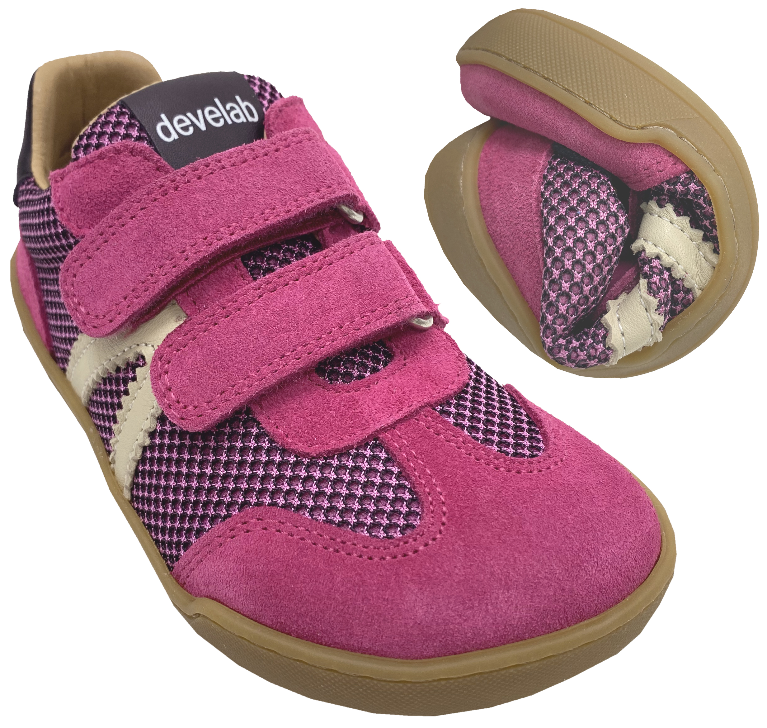 Trendige Barfuß Sneaker Doppelklett in PINK aus Leder + Mesh Besatz von DEVELAB 43043