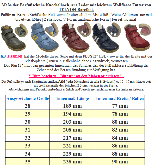 Mid Top Lederschuhe, Doppelklett & Wollfleece Futter v. TELYOH  Barefoot Runner Stripes in Navy