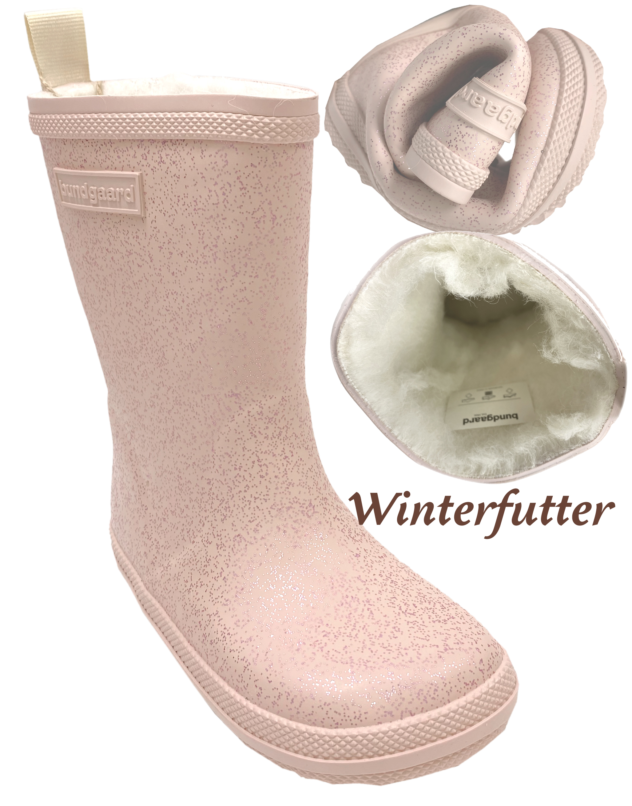 Barfuß Gummistiefel Naturkautschuk ASPEN mit Wollfutter von BUNDGAARD Rosa Glitzer / Rose Sparkle