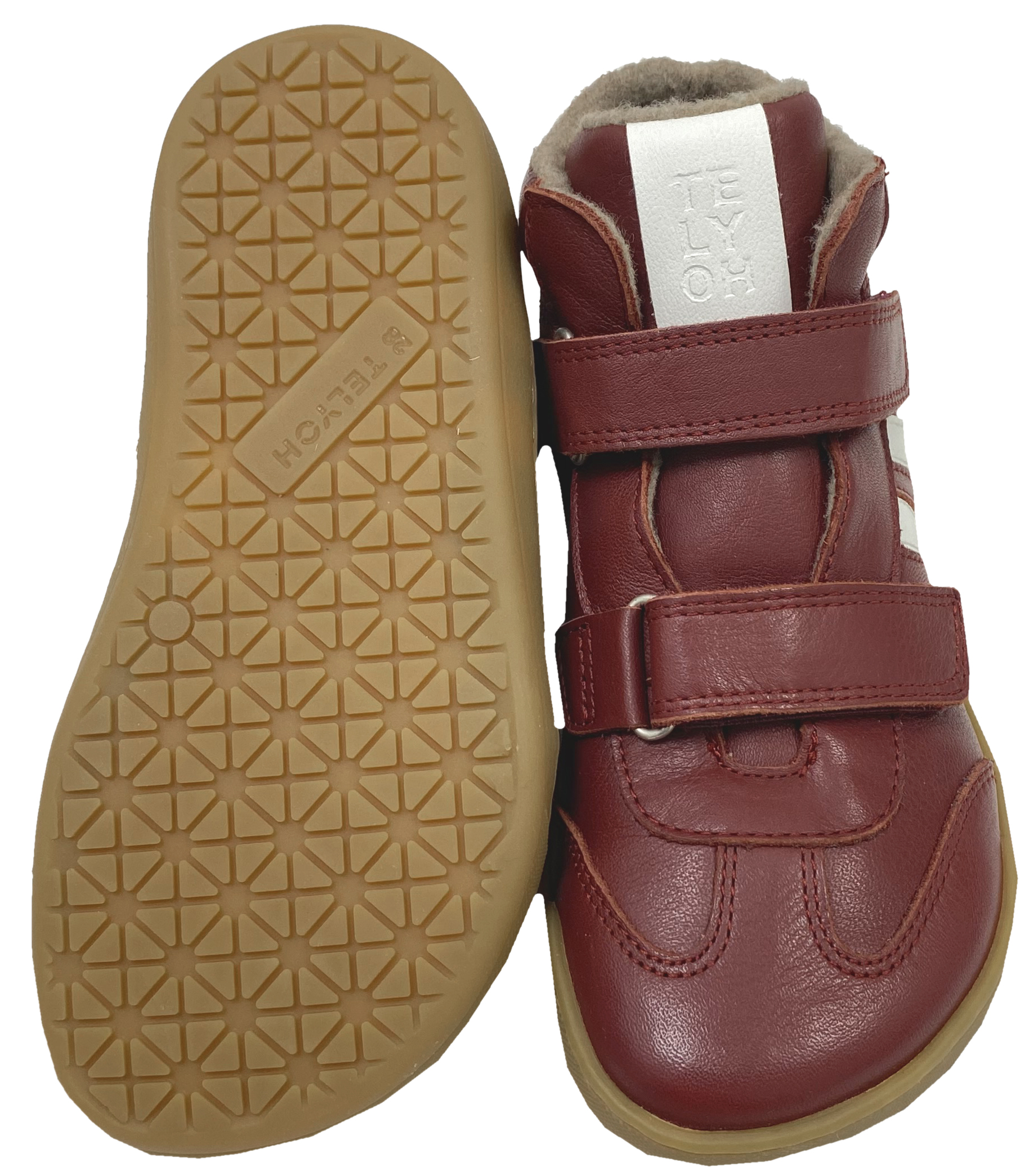 Mid Top Lederschuhe, Doppelklett & Wollfleece Futter v. TELYOH  Barefoot Runner Stripes in DKL Rot