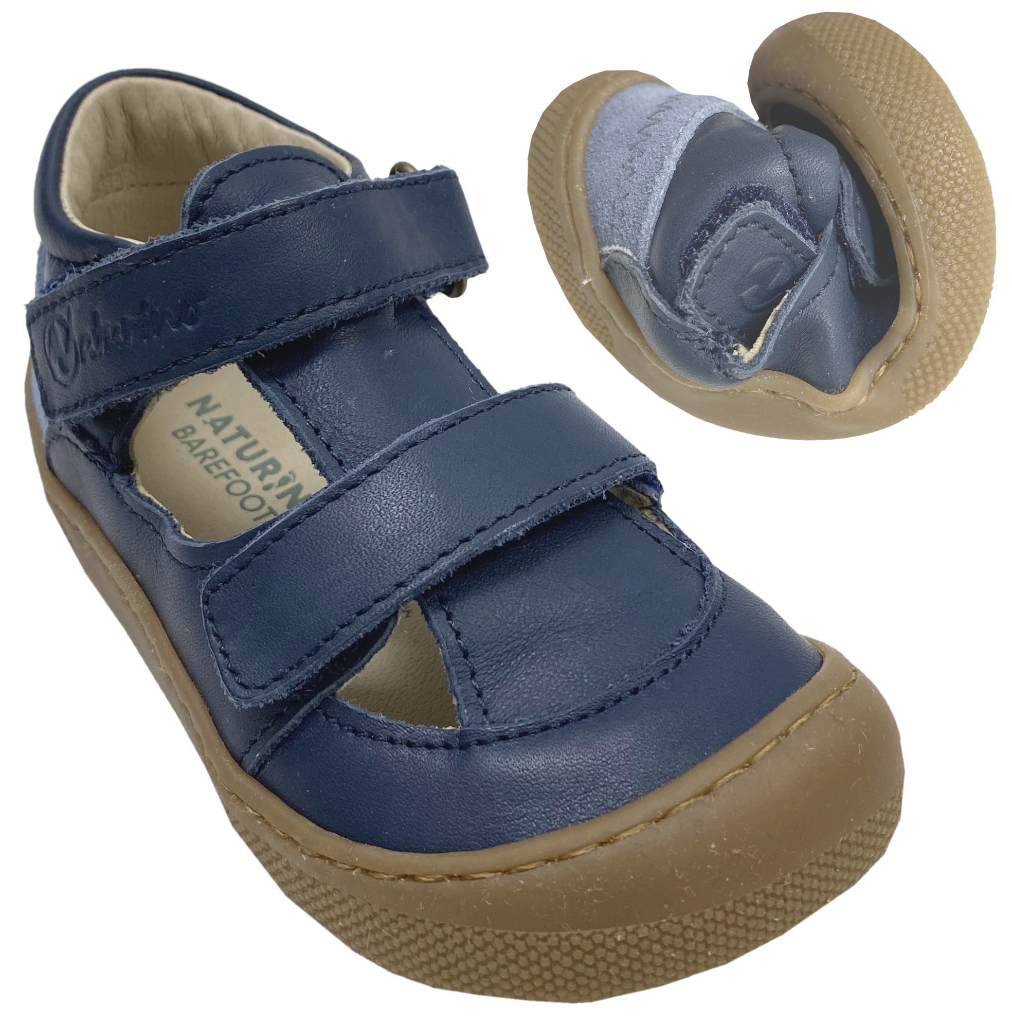 Halbsandale / Minimalschuhe aus Leder mit Doppelklett von NATURINO Barefoot "IRTYS" in Navy Celeste