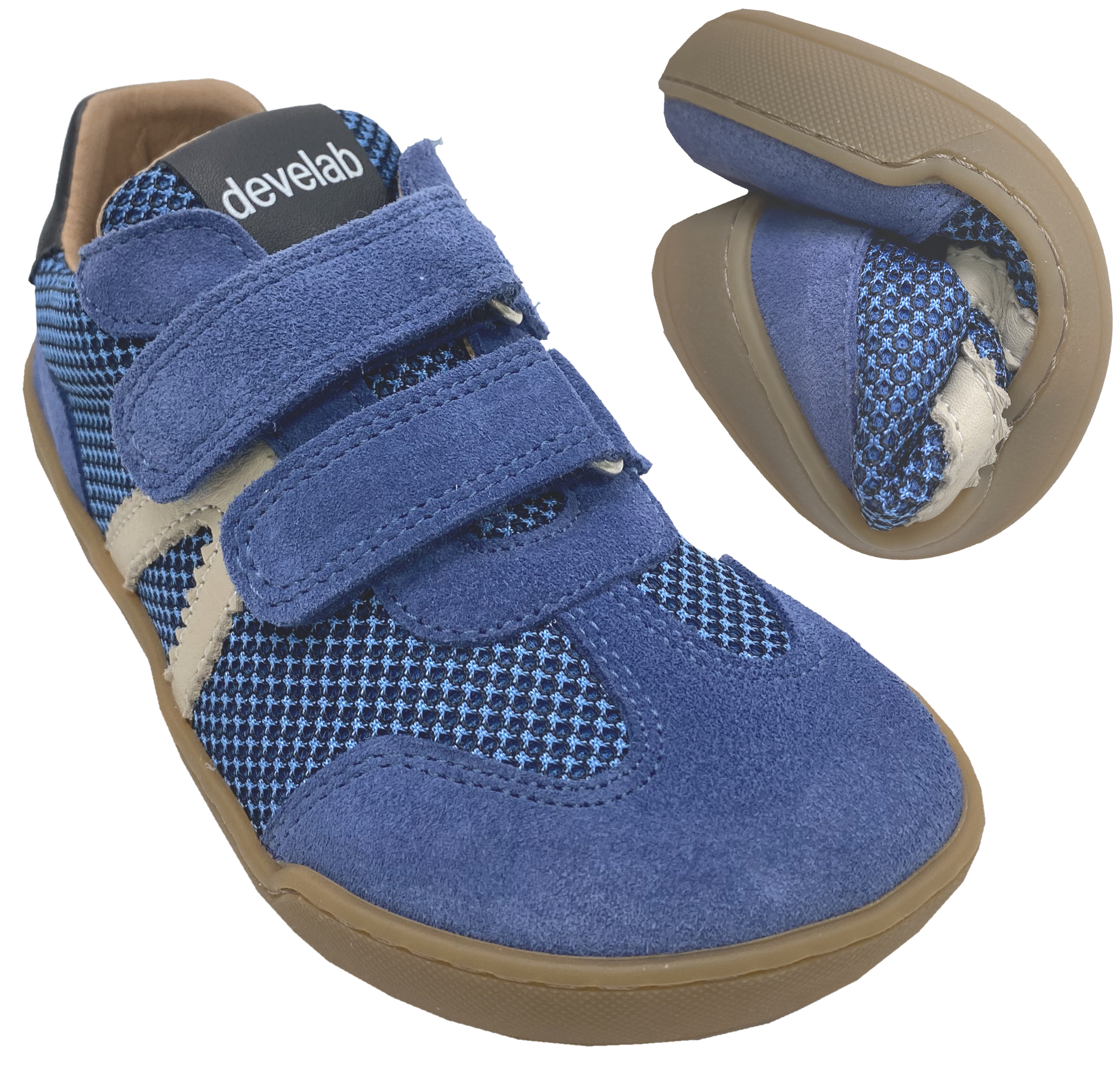 Trendige Barfuß Sneaker Doppelklett in Blau aus Leder + Mesh Besatz von DEVELAB 43043
