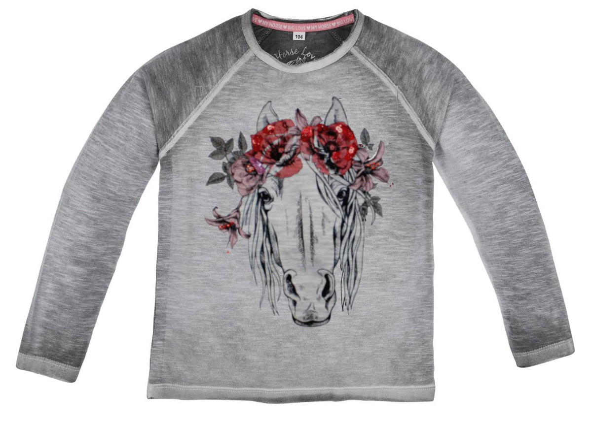 Raglanshirt in Grau Melange mit Pferdekopf & Pailletten Stick von BONDI *Pferdeliebe* 36187