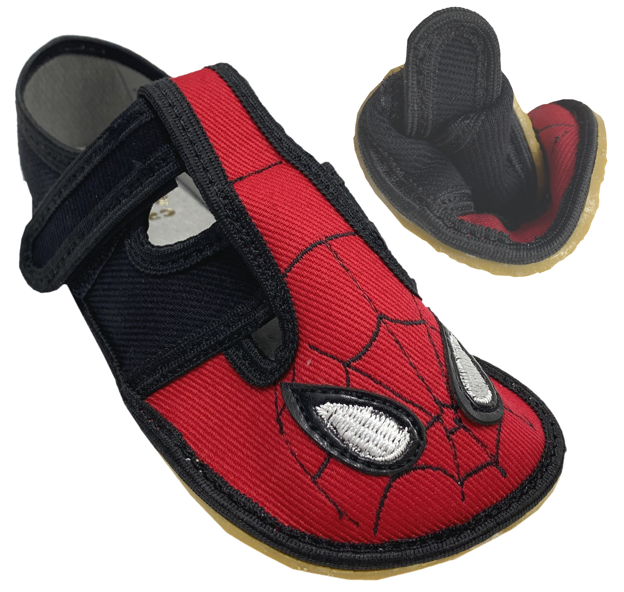 Textil Slipper / Hausschuhe mit Krepp Sohle * Spider in Rot / Schwarz * von CRAVE