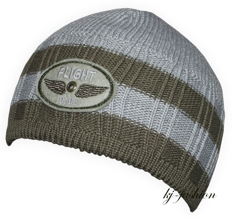 Topfmütze aus Schurwoll Strick in Grau Khaki mit Patch von DÖLL 750420336