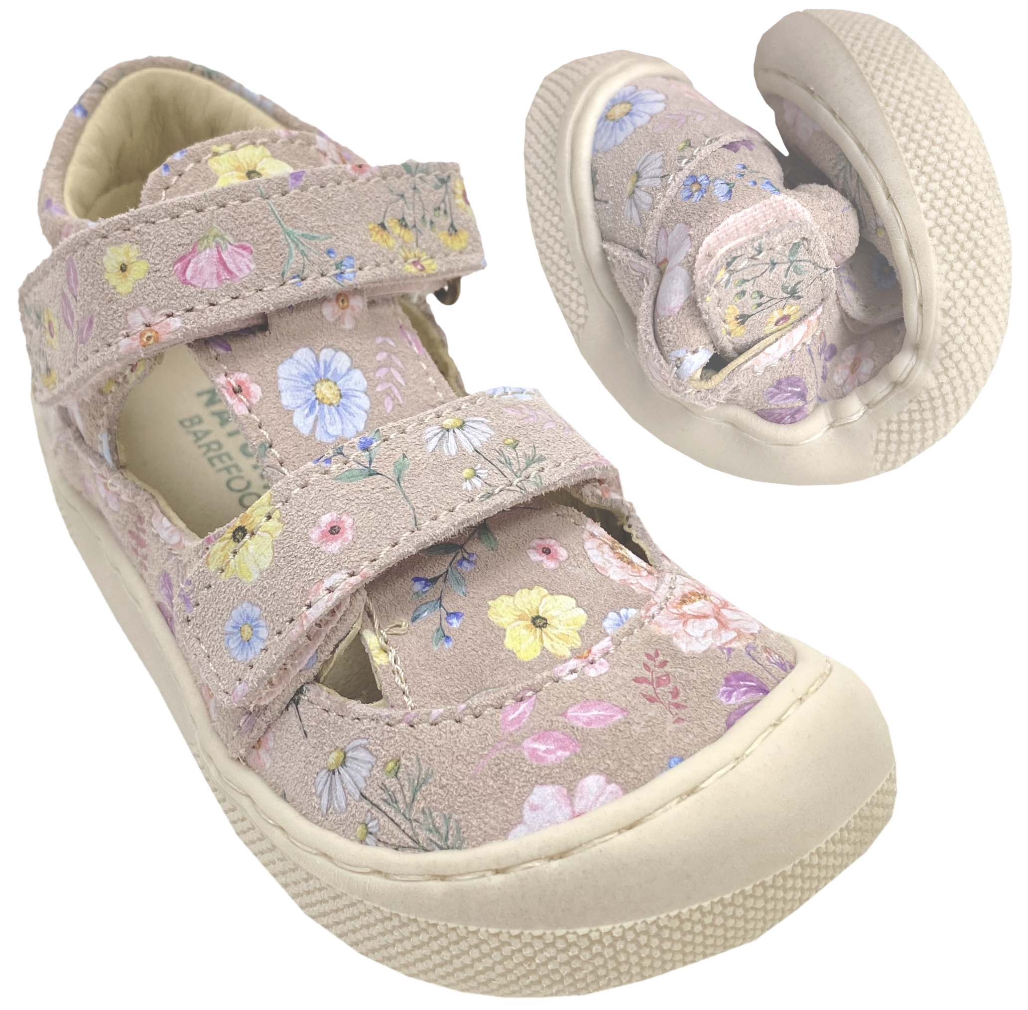 Halbsandale / Minimalschuhe aus Leder mit Doppelklett von NATURINO Barefoot "IRTYS" in Cipria AOP Flower