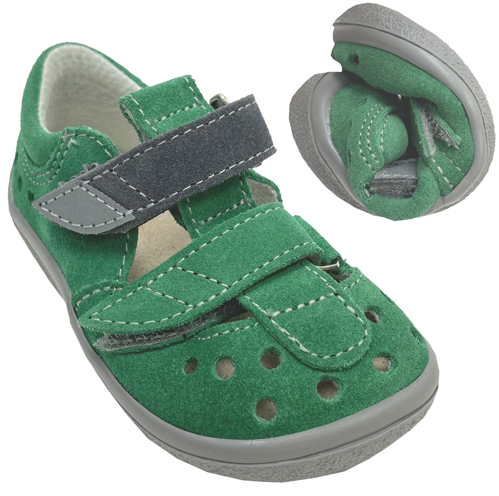 Halbsandalen / Minimalschuhe mit Doppelklett in Grün / Grau Modell SAM von BEDA