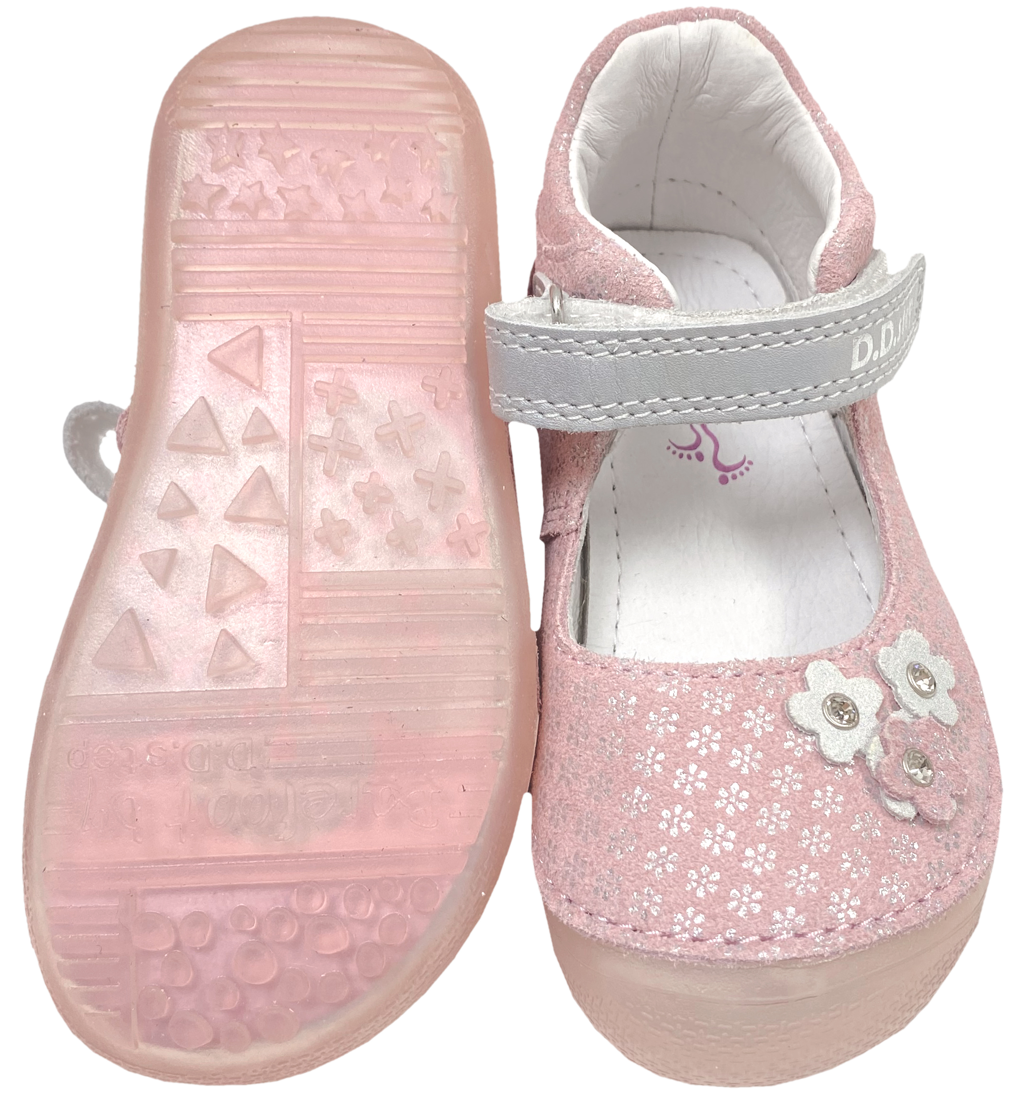 Leder Ballerina in Rosa Glitzer mit Klettriemen Minimalschuhe / Barfußschuhe von D.D.Step Barefoot