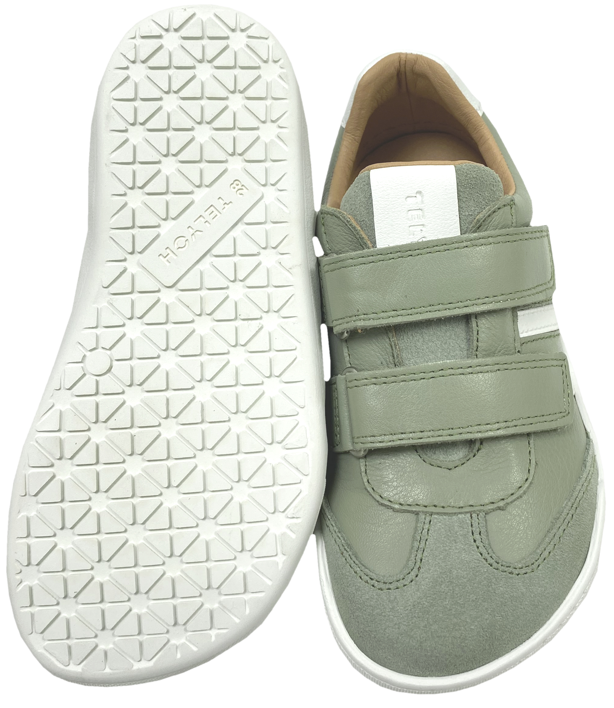Leder Sneaker / Barfußschuhe + seitliche Zierstr. mit Doppelklett in Sage Grün / Weiß von TELYOH Barefoot / Runner