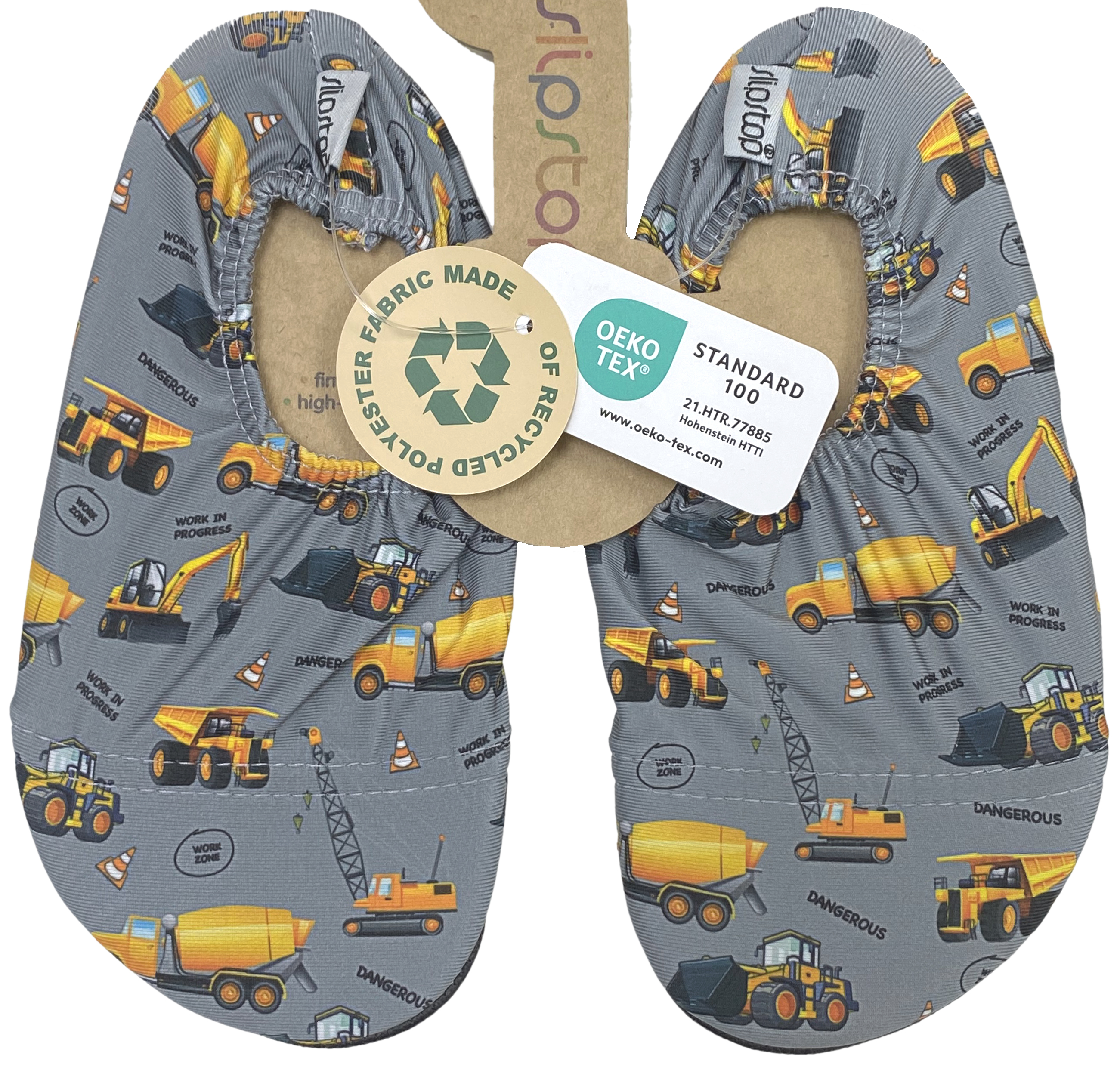 Slip Stop - Badeschuhe / Barfußschuhe / Allroundschuhe für Kids * MIXER * Baufahrzeuge auf Grau