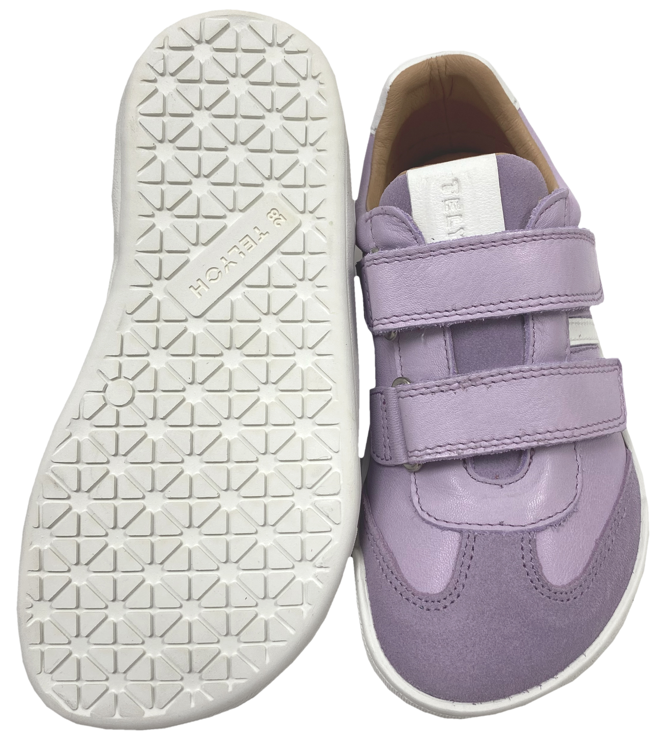 Leder Sneaker / Barfußschuhe + seitliche Zierstr. mit Doppelklett in Lila / Weiß von TELYOH Barefoot / Runner