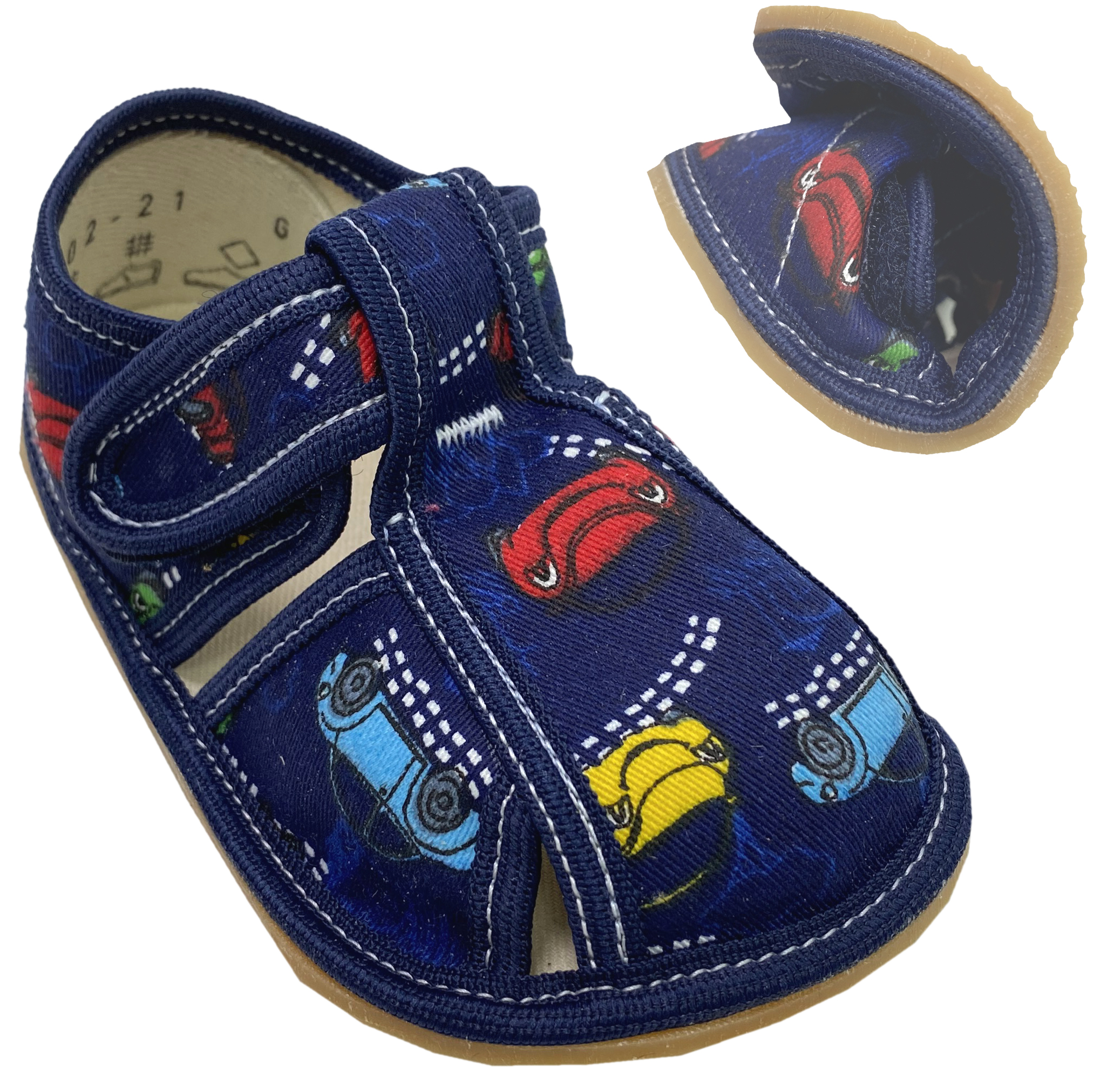 Hausschuhe / leichte Canvas Sandalen mit Klett / Barfußschuhe von BABY BARE Modell Navy CARS