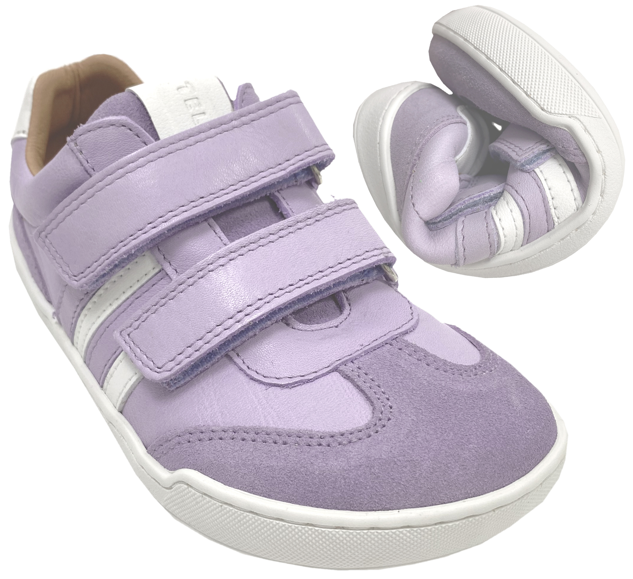 Leder Sneaker / Barfußschuhe + seitliche Zierstr. mit Doppelklett in Lila / Weiß von TELYOH Barefoot / Runner