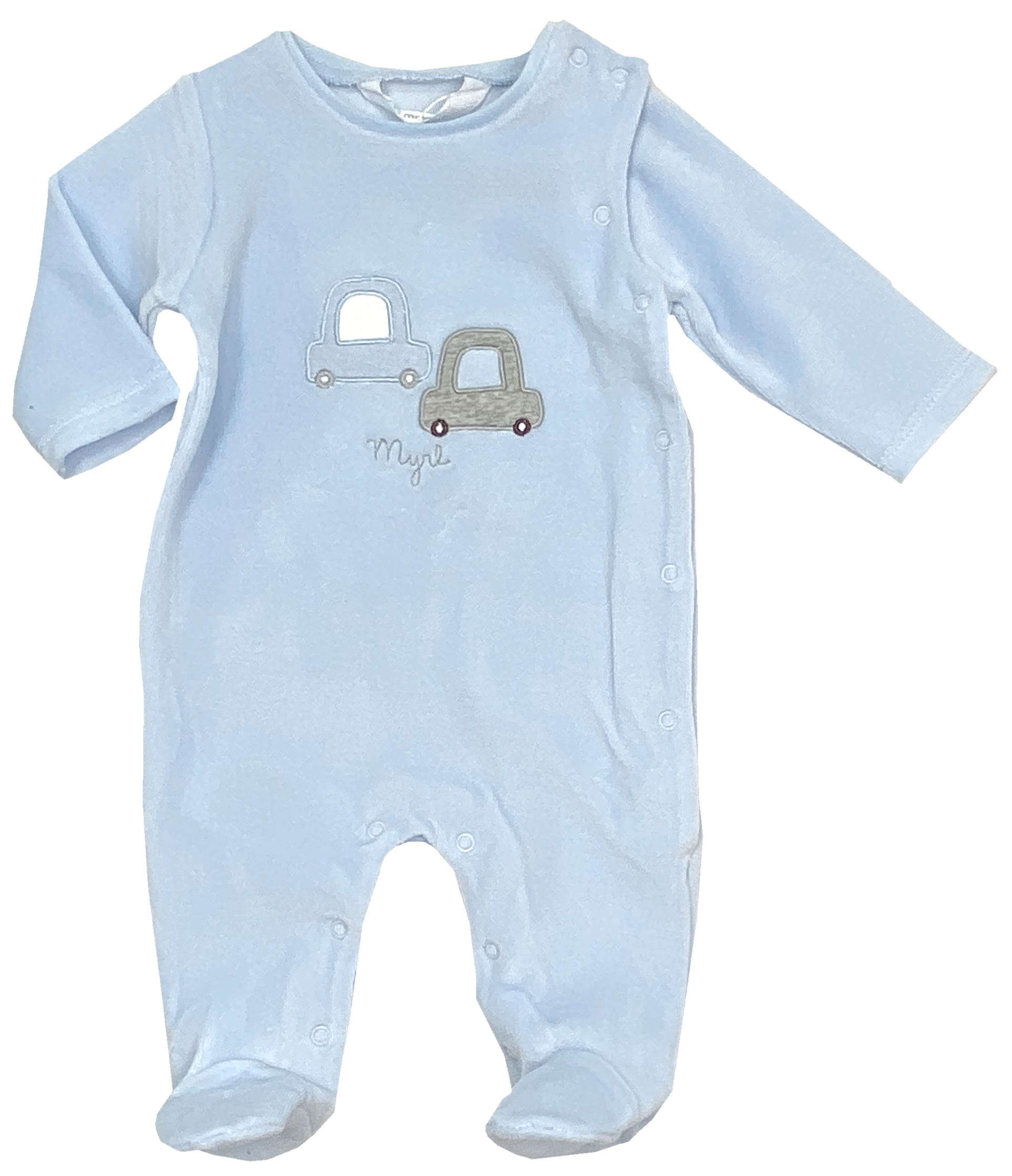 Nicki Plüsch Strampler, Einteiler mit Fuß in Hellblau, Auto Applikation von MAYORAL Baby 2627