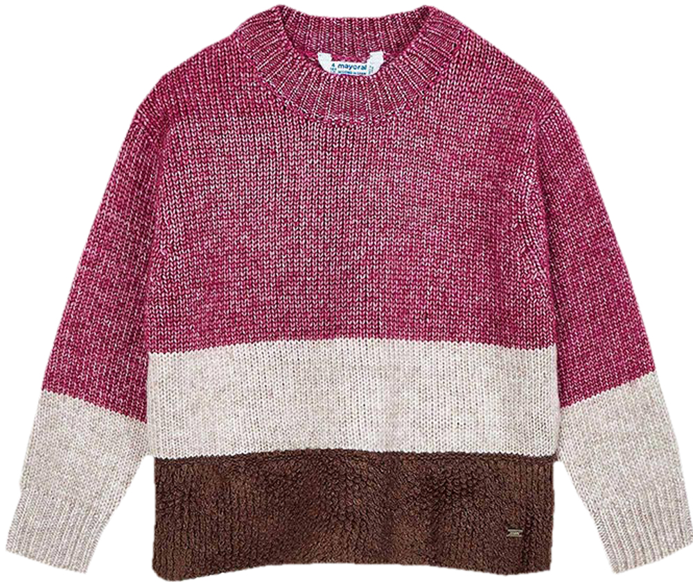 Strickpullover Tricolor in Weinrot / Beige Glitzer / Braun Oversize Schnitt von MAYORAL  4348
