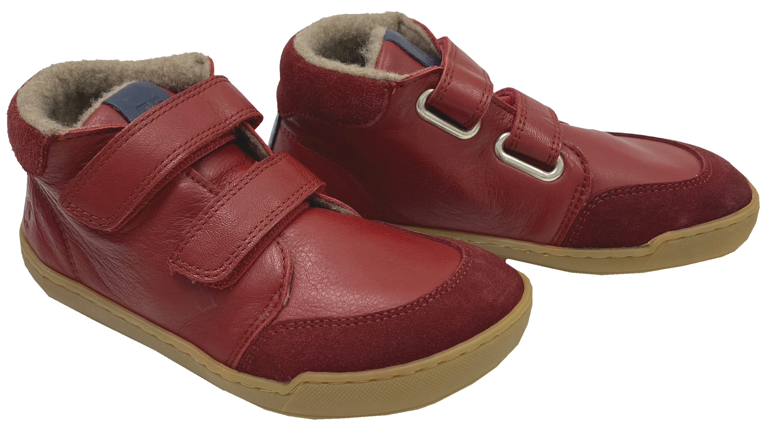 Knöchelhohe Lederschuhe, Doppelklett & Wollfleece Futter von TELYOH  Barefoot Runner in DKL Rot