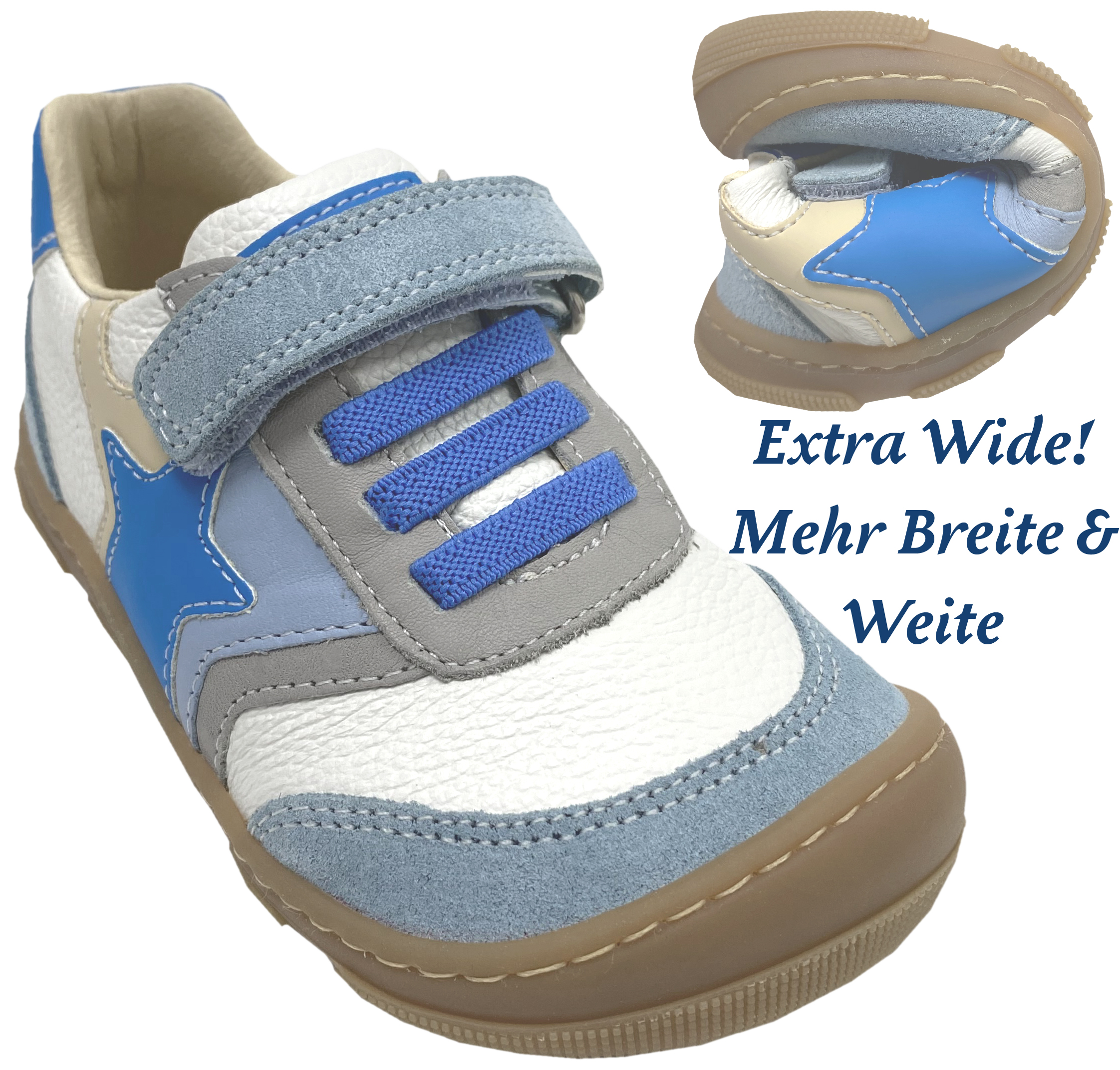 Barfuß Sneaker Blau Weiß Beige Stern, Extra Weite & Breite *Kody Leder * von KOEL Barefoot 15W006.101