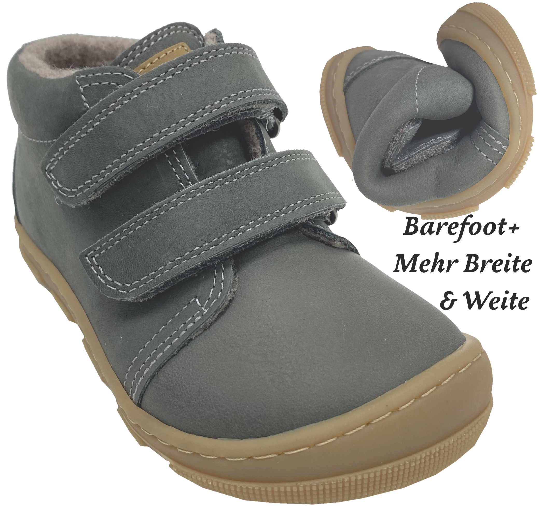 Barfußschuhe *KARI Wool Extra Wide* v. KOEL Hydro Leder+Wollfleece Futter DK Grau 15W002.233