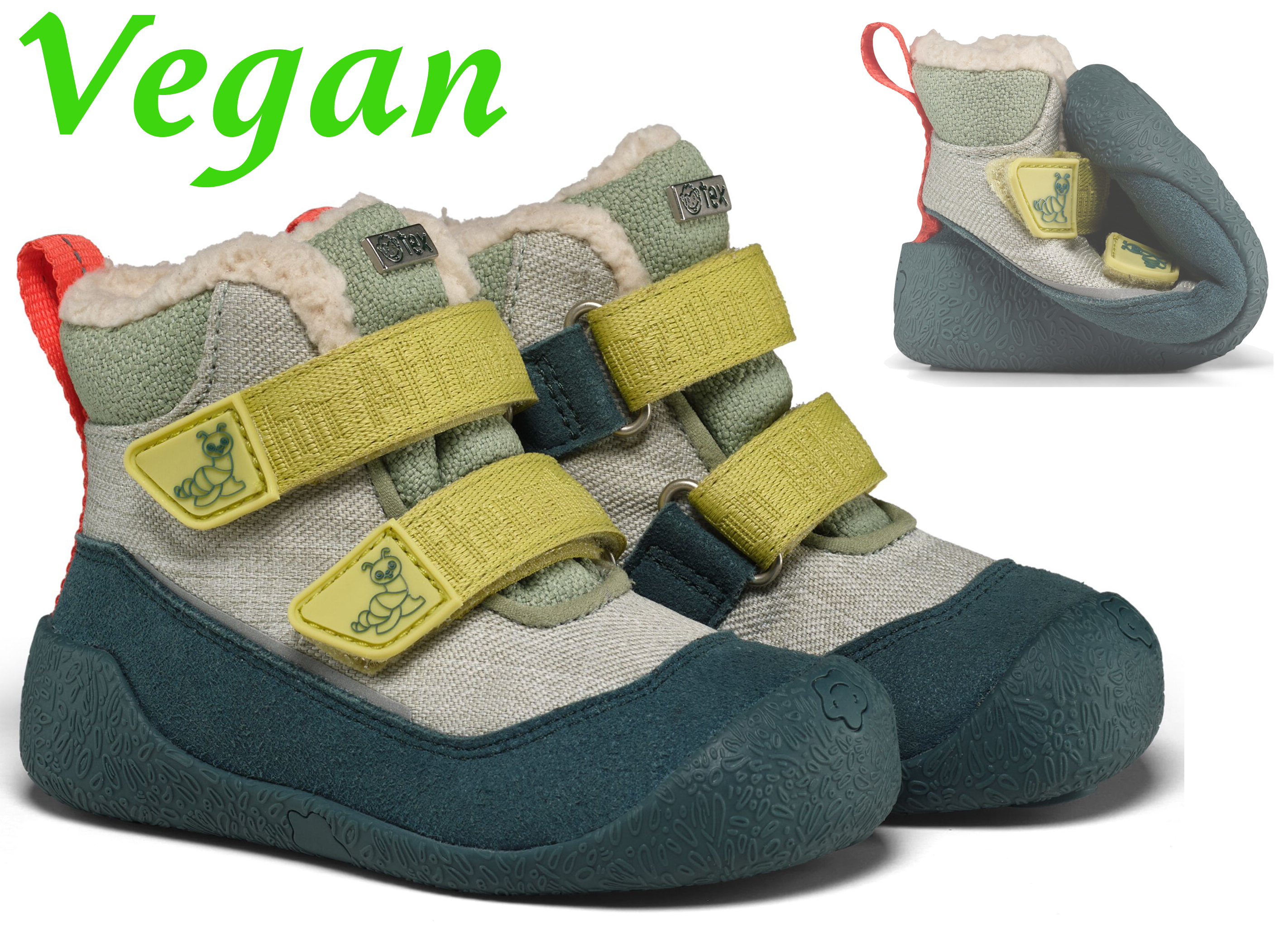 Veganer Midboot  SNUGGY mit Winterfutter von AFFENZAHN in Grün Motiv Caterpillar / Raupe