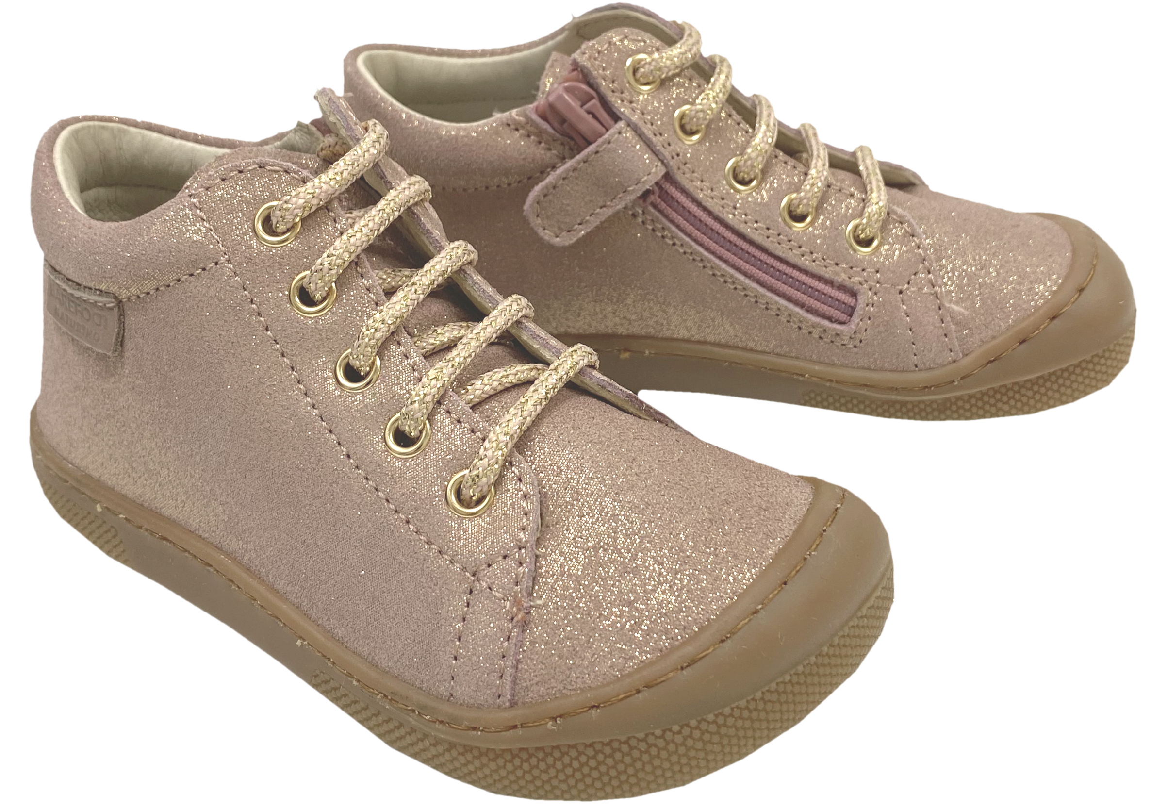 Knautschig weiche Barfußschuhe aus Leder, Schnürer + Zip NATURINO Barefoot *AMUR in Rose Gold Glitzer *