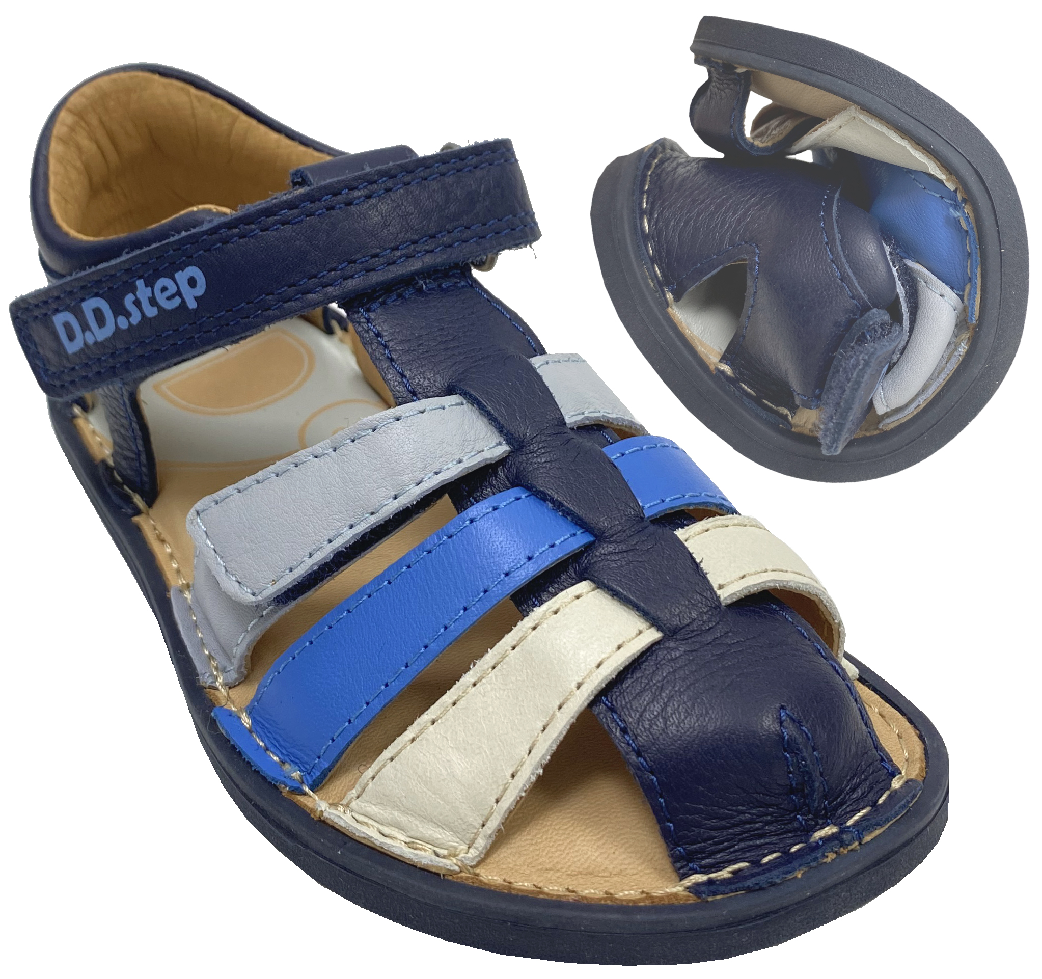 Leder Riemchen Sandalen Barfußschuhe, Zehen & Fersenschutz von D.D.Step Barefoot in DKL Blau / Royal