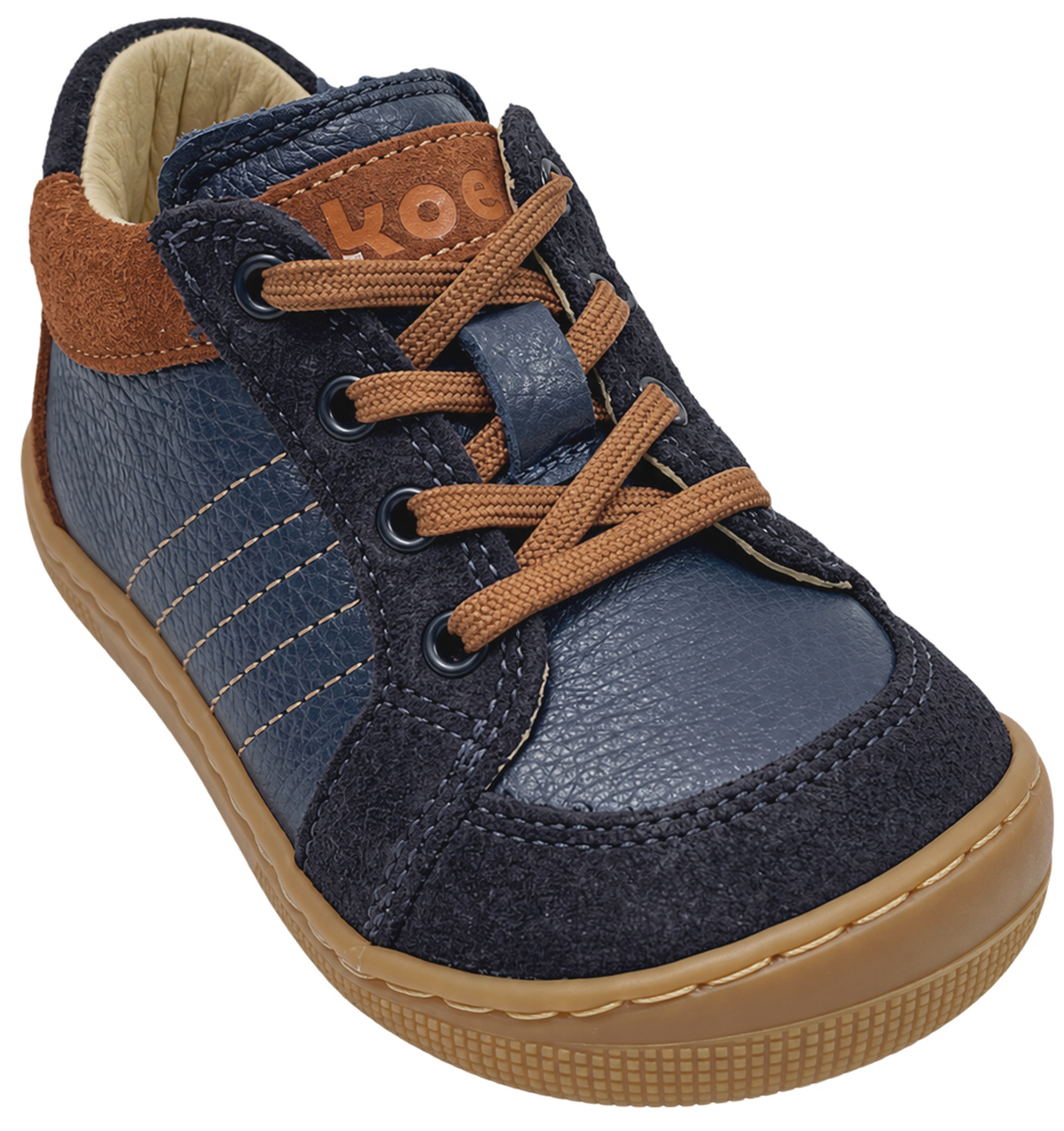 Barfußschuhe halbhoch aus Leder zum schnüren von KOEL Barefoot * DION in Navy /Braun 07M065.301