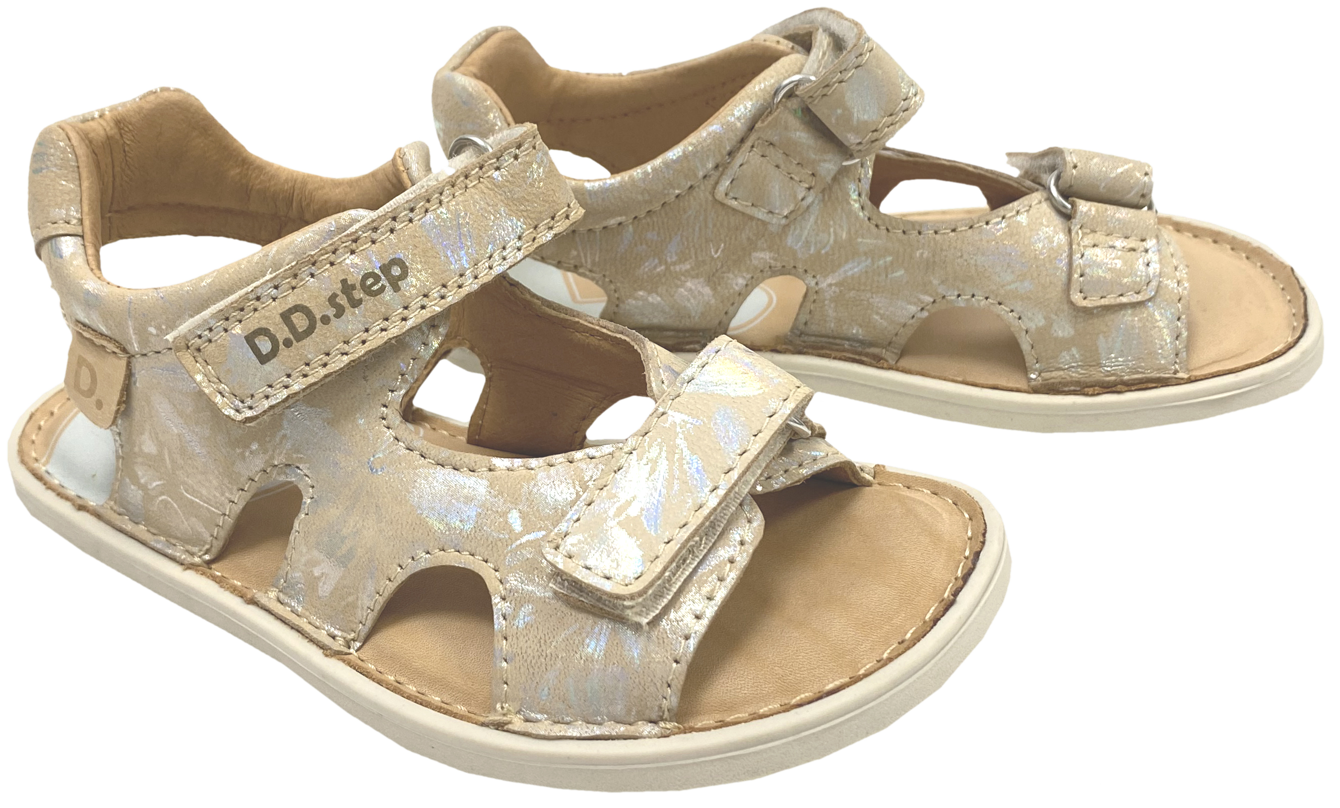 Offene Ledersandale mit Minimalsohle / Barfußsandale in Beige Silber Glitzer von D.D.Step Barefoot 51995