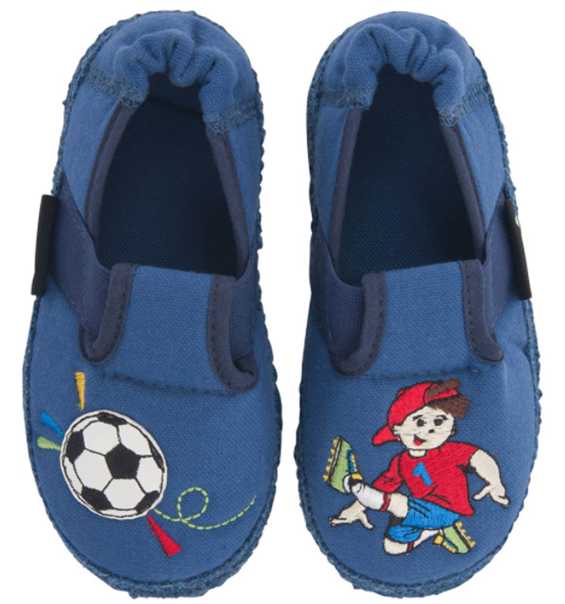 Weiche Hausschuhe aus Baumwolle + Naturgummi Sohle in Kobalt Blau FUSSBALLER von NANGA