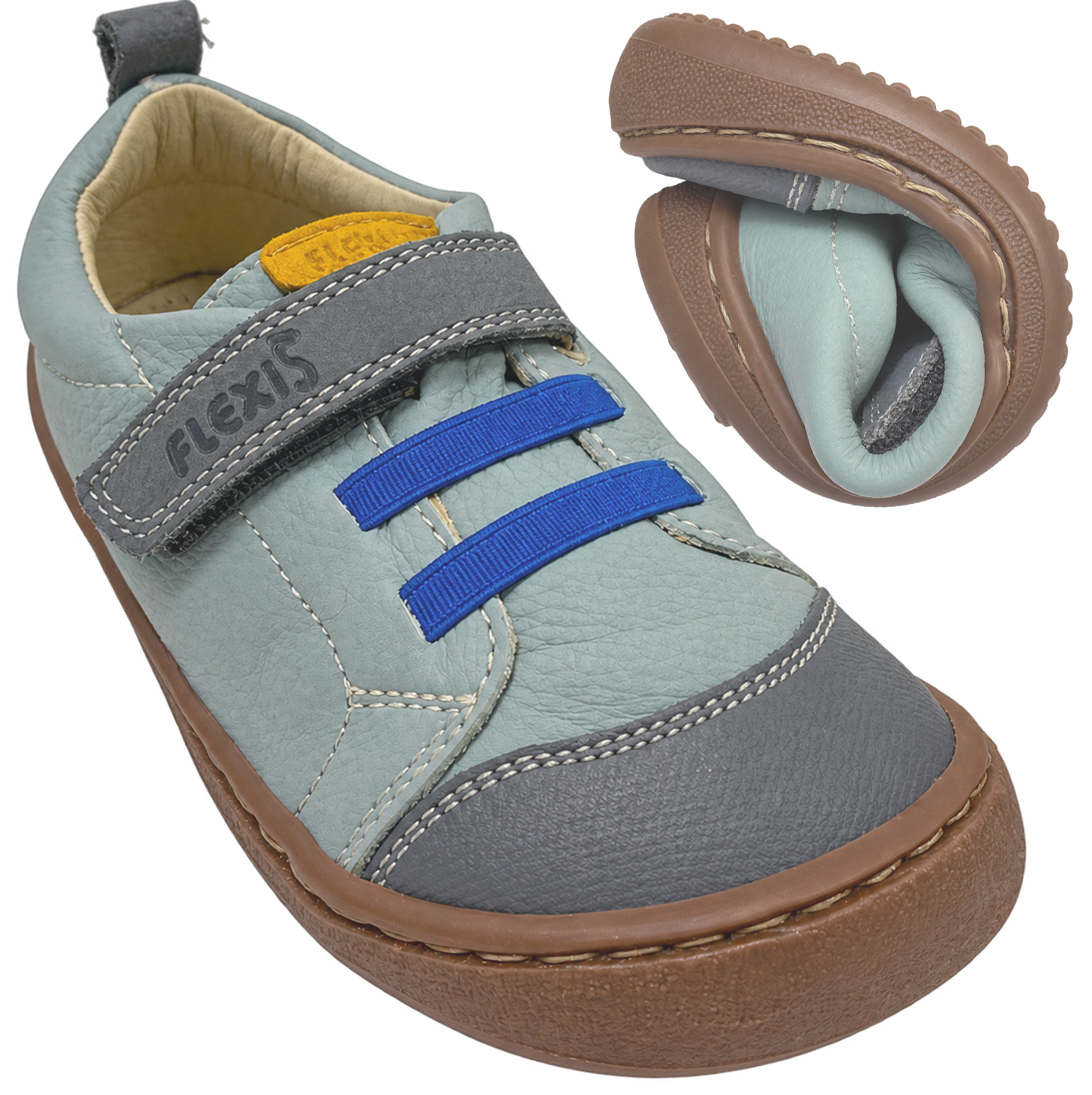 Leder Sneaker / Barfußschuhe von FLEXI NENS in Marengo / Jeansblau Klett & Zierschnürung 9005-R