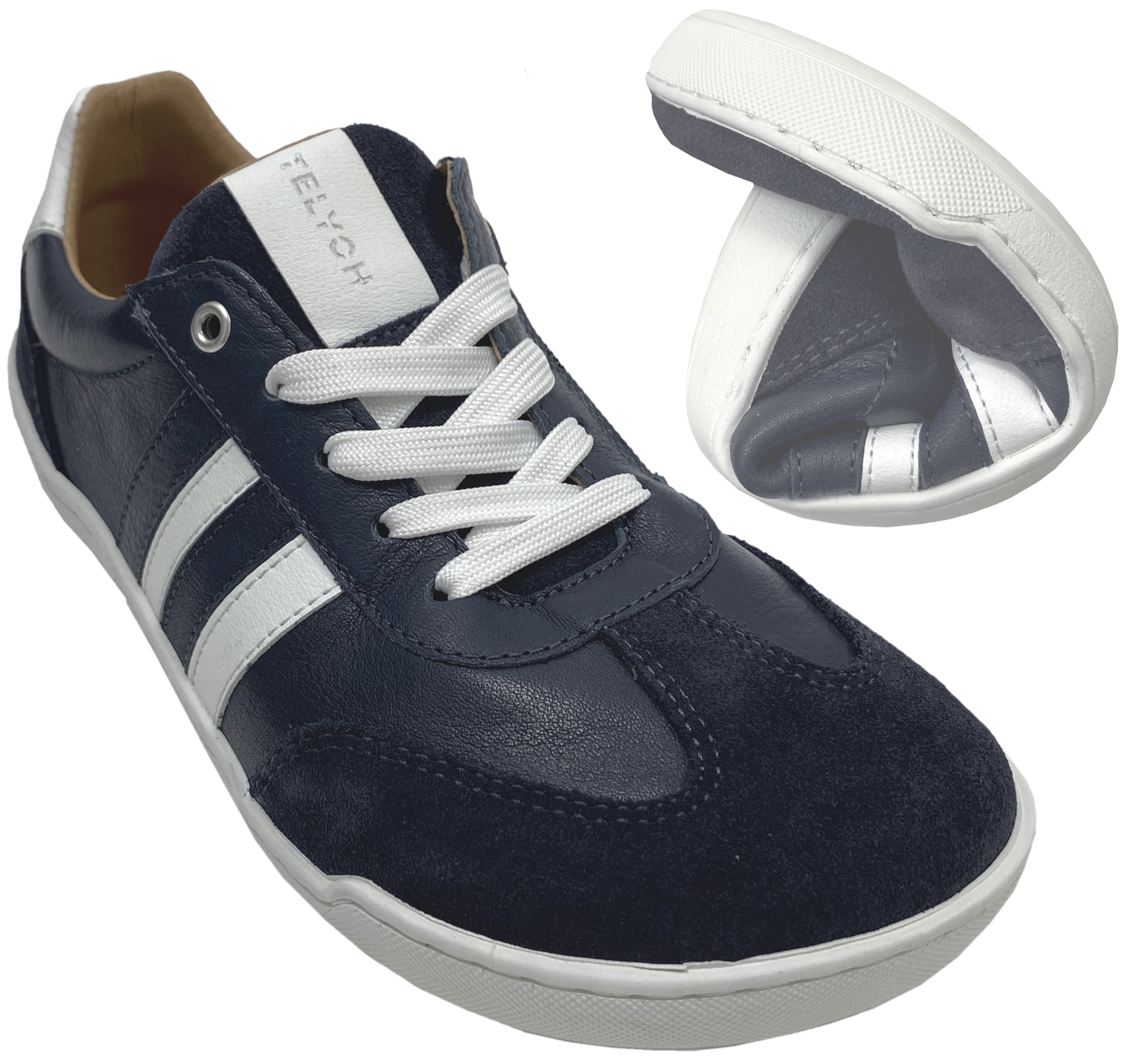 Leder Sneaker / Barfußschuhe + seitliche Zierstr. Schnürer & Zipper in DKL Blue / Weiß von TELYOH Barefoot / Runner