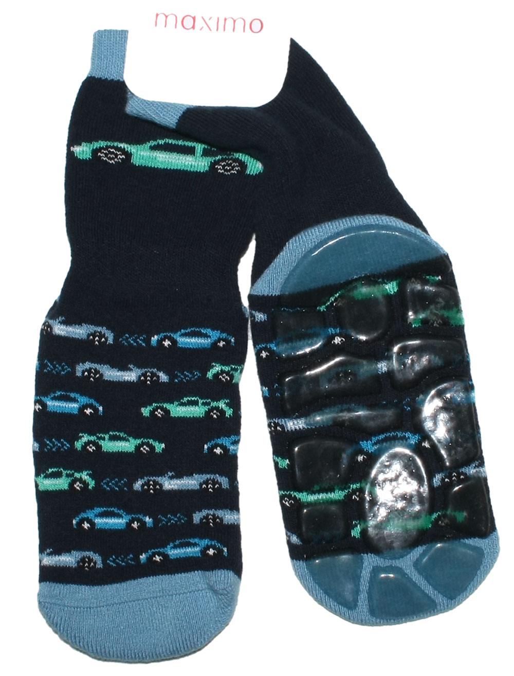 Stopper Socken, Vollfrottee, rutschfeste Silikon Sohle, Rennwagen auf Navy von MAXIMO 331375