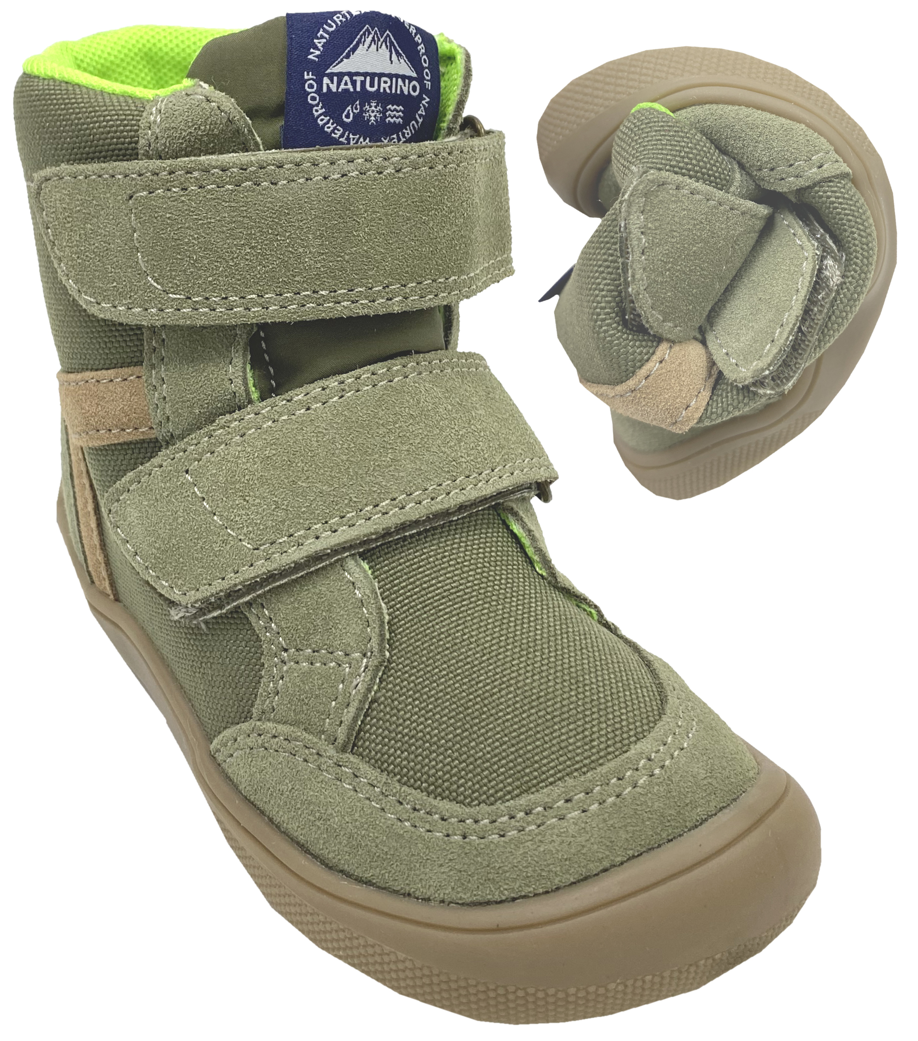 Winterstiefel aus Suedeleder, TEX Membran + Schurwollfutter NATURINO Barefoot KODDAS in Oliv Grün / Beige