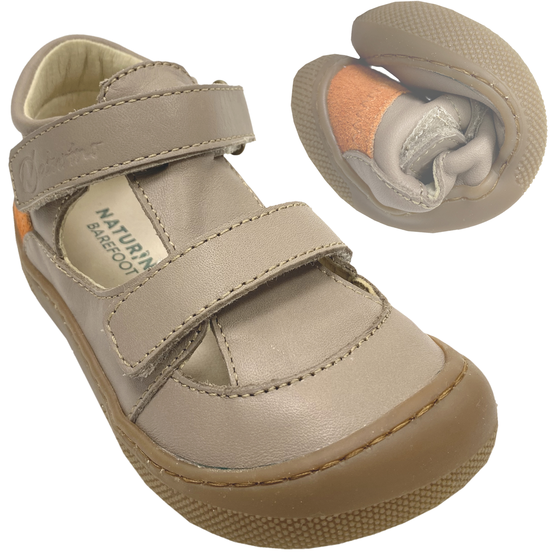 Barfußschuhe / Halbsandalen aus Nappaleder mit Doppelklett IRTYS in Taupe/Orange von NATURINO