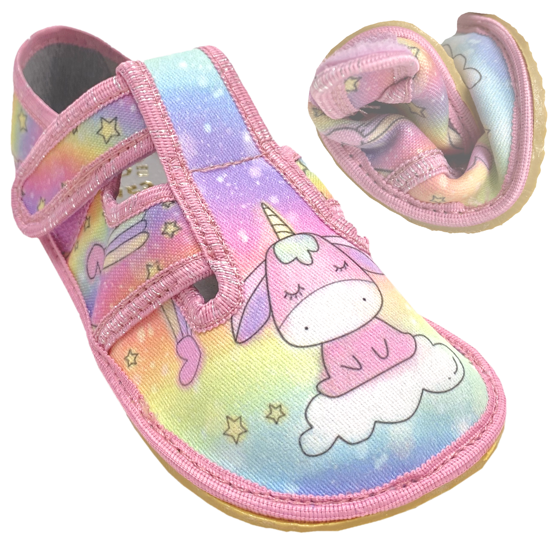 Textil Slipper / Hausschuhe mit Krepp Sohle * Einhorn auf Regenbogen Glitzer * von CRAVE