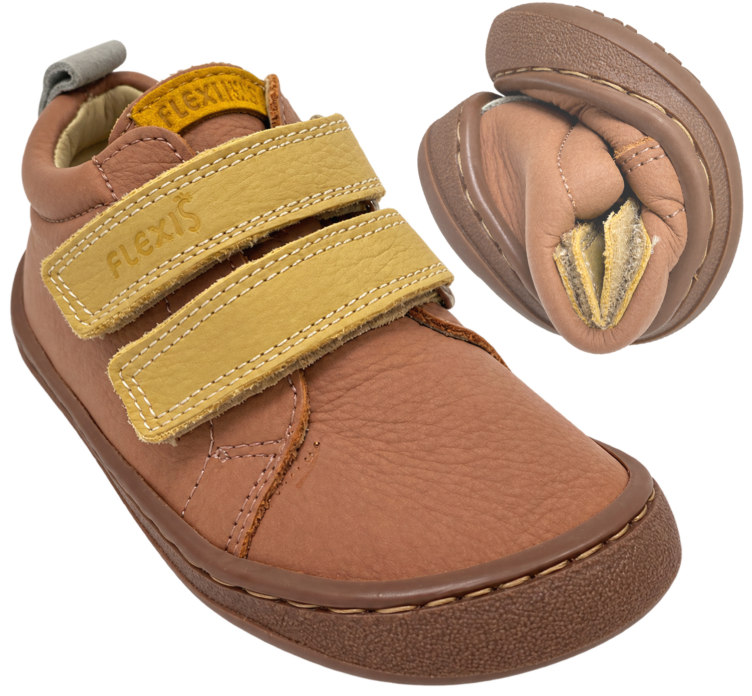 Barfußschuhe aus weichem Leder Knöchelhoch von FLEXI NENS in Caramel Rose / Mustard 9010-R