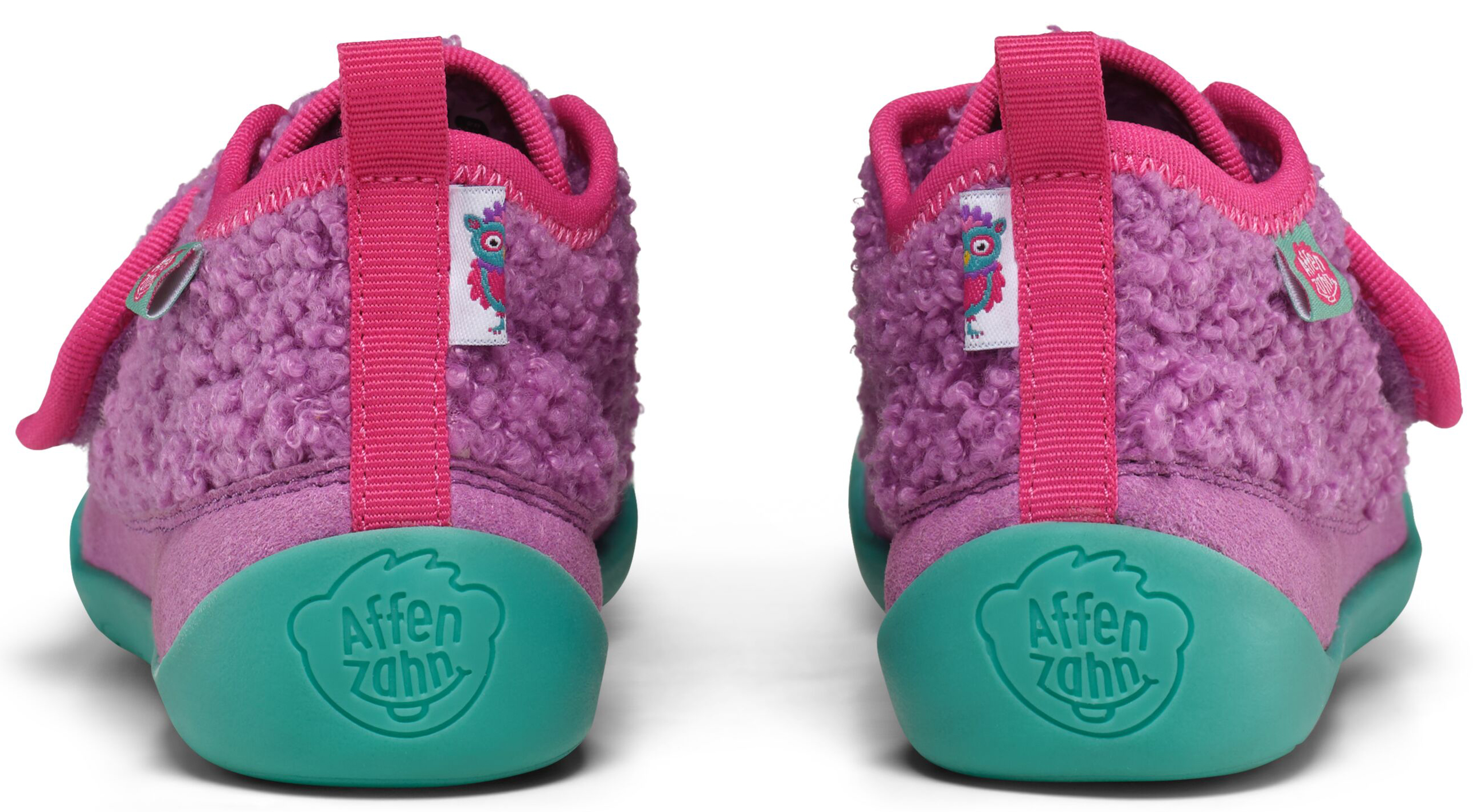 Veganer Hausschuh / Minimalschuhe aus recyceltem Fleece von AFFENZAHN * Eule in Lila / Pink *