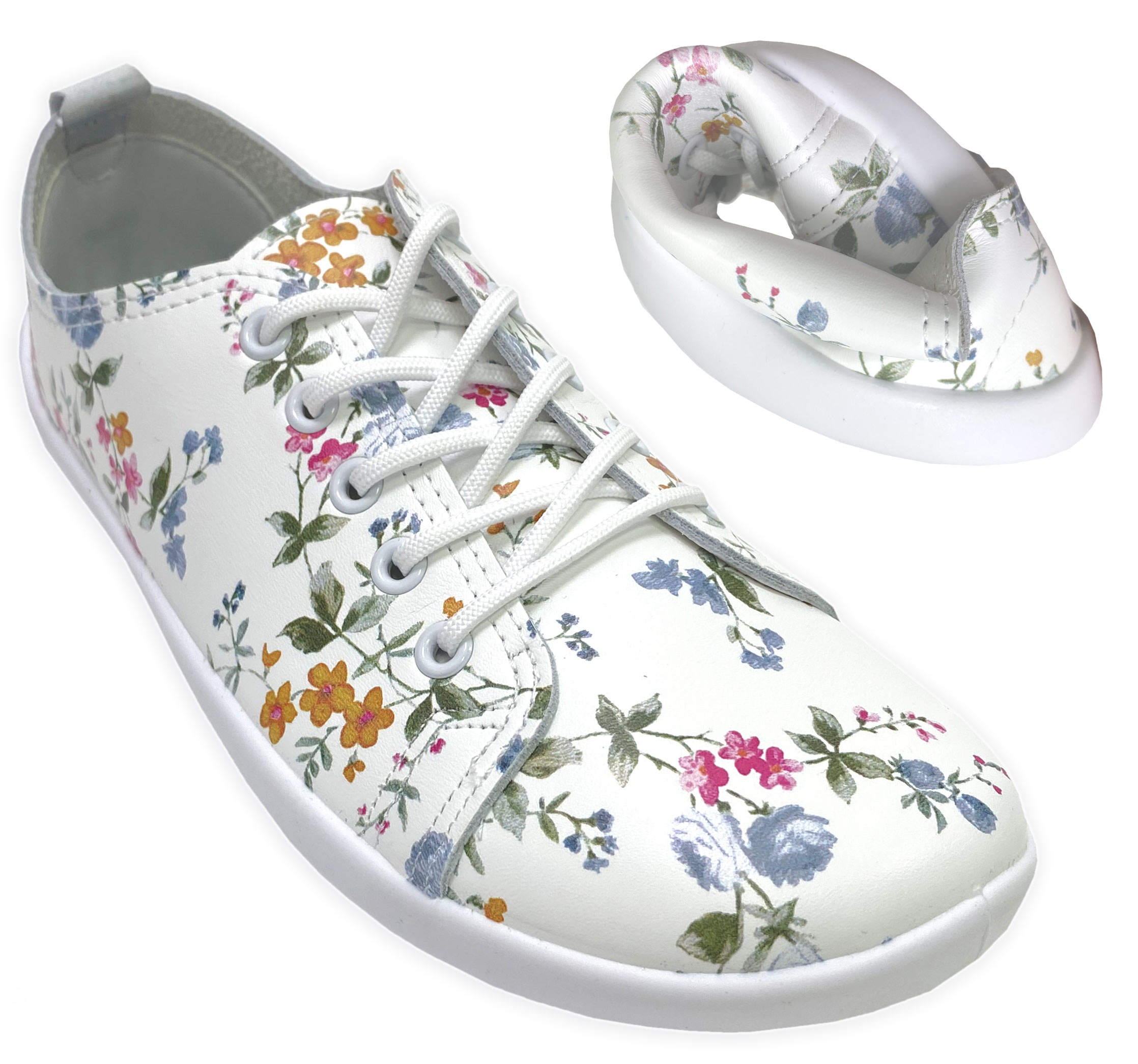 Halbschuhe / Barfußschuhe aus Leder, doppelt gelegt in Weiß Flower Muster von ANATOMIC