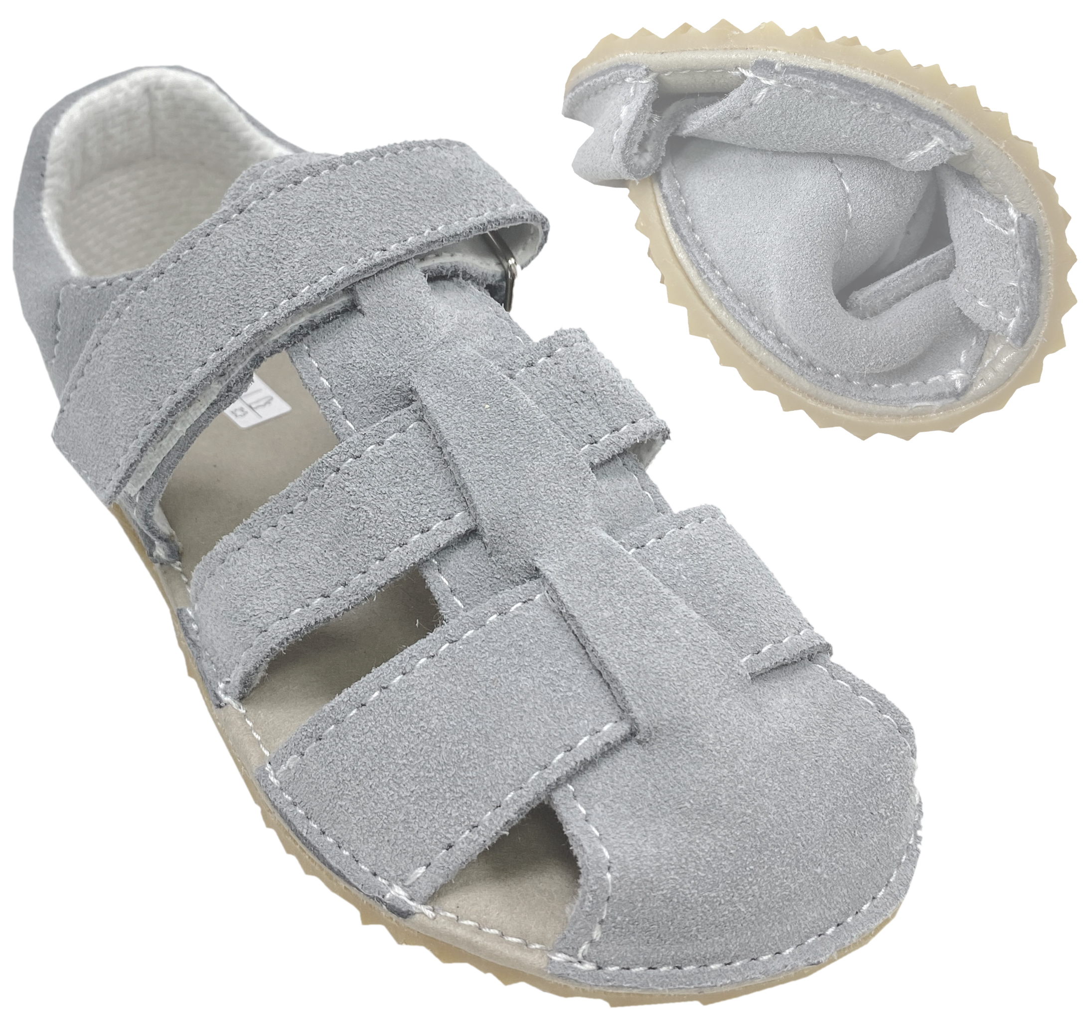 Minimalschuhe / Riemchensandale ZULA in Hellgrau mit Profil Krepp Sohle 4 mm von JONAP