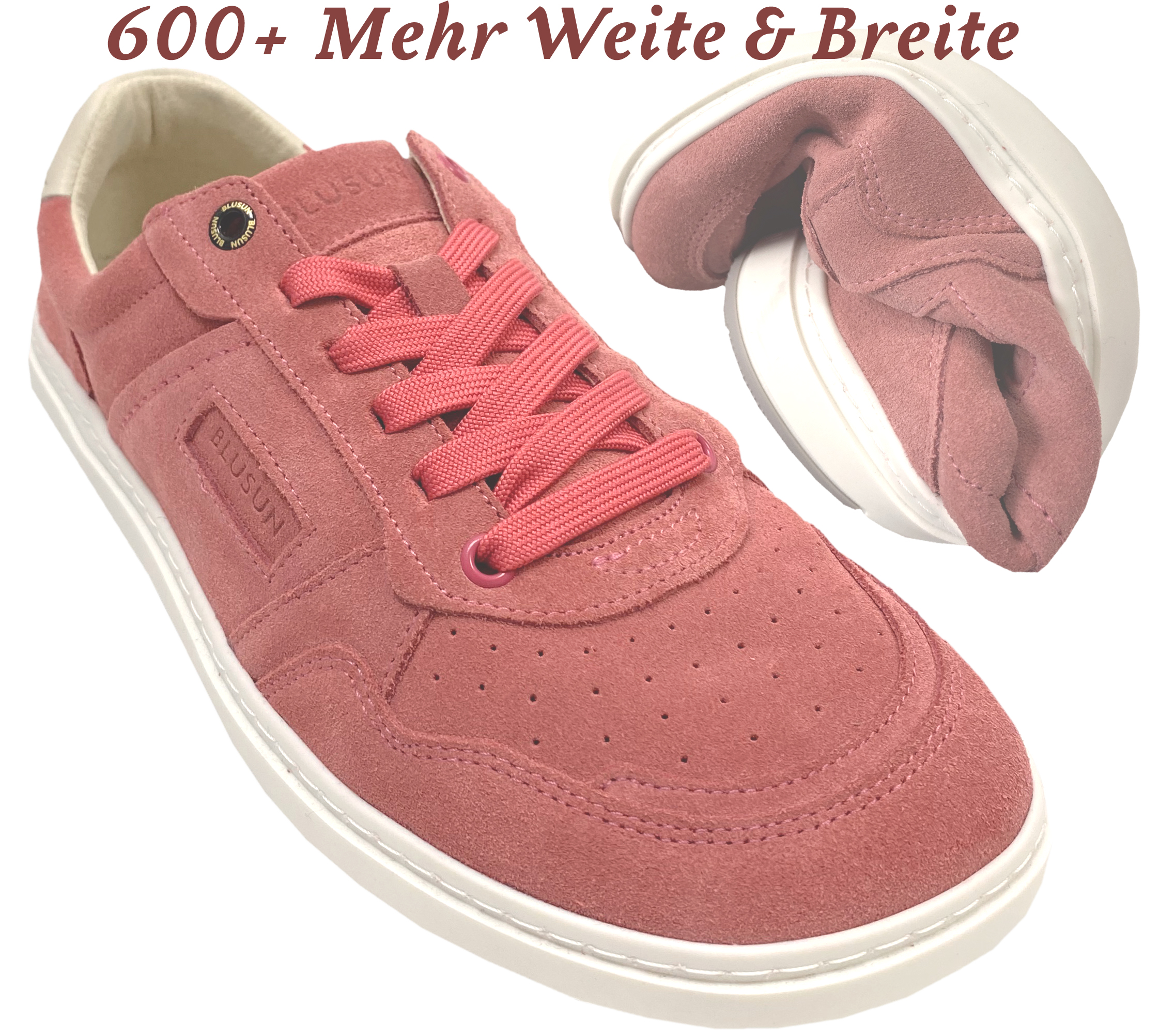 Lässiger Barfuß Sneaker aus Veloursleder für kräftige Füße von BLUSUN 600+ Pink / Matt Rot