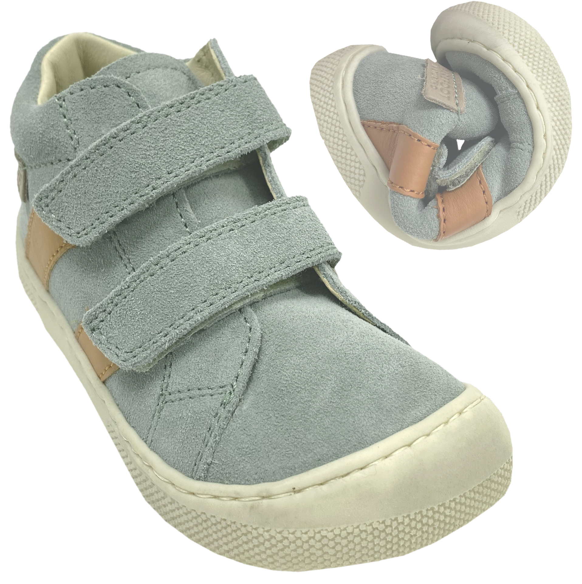 Barfußschuhe Suede Leder mit Glattleder Str. & Klett * SABBY * in Sage/Warm Orange von NATURINO