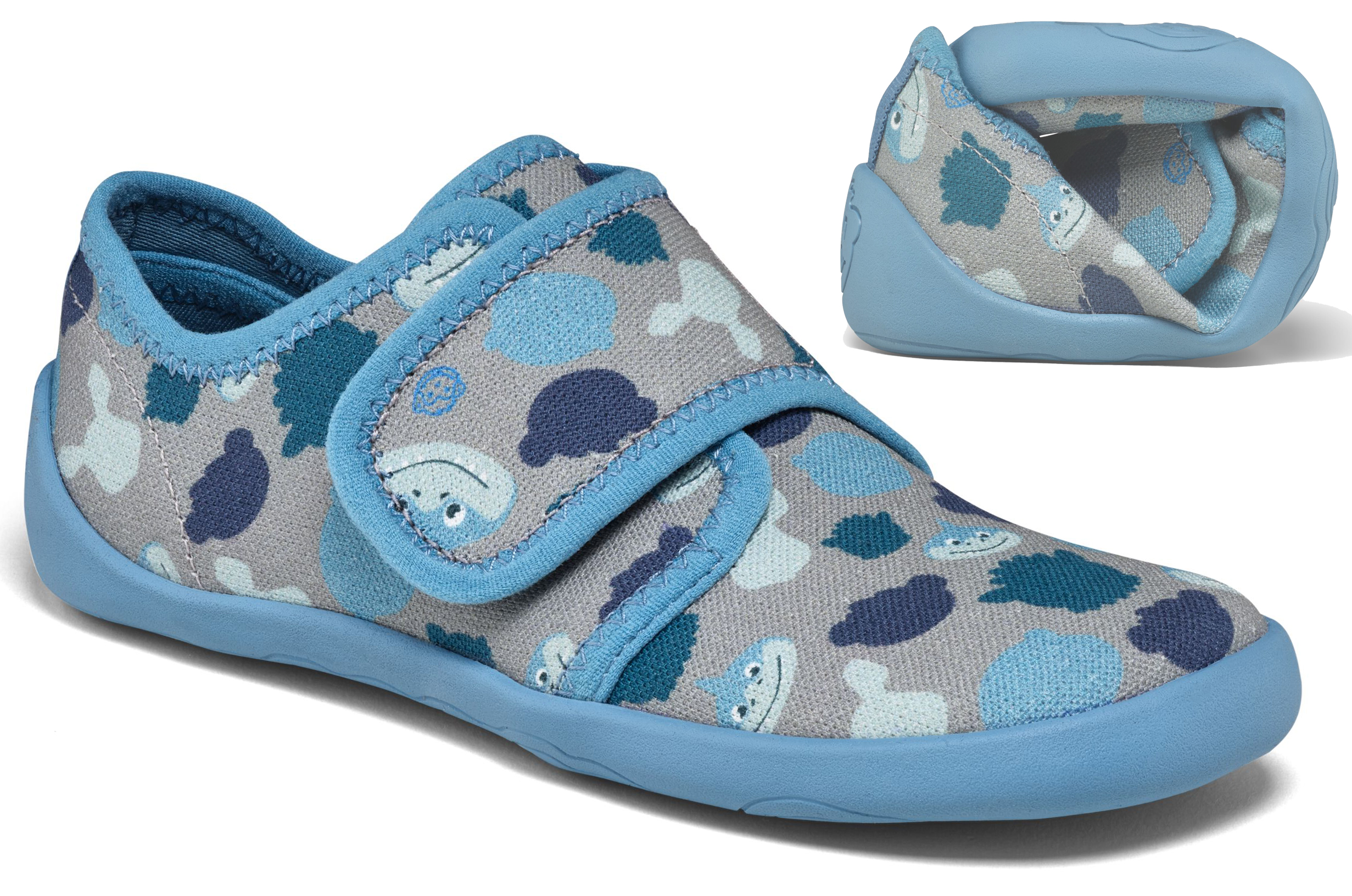 Leichte & flexible Slipper Cotton MOVY / Hausschuhe mit Klett von AFFENZAHN Blau Töne * HAI *