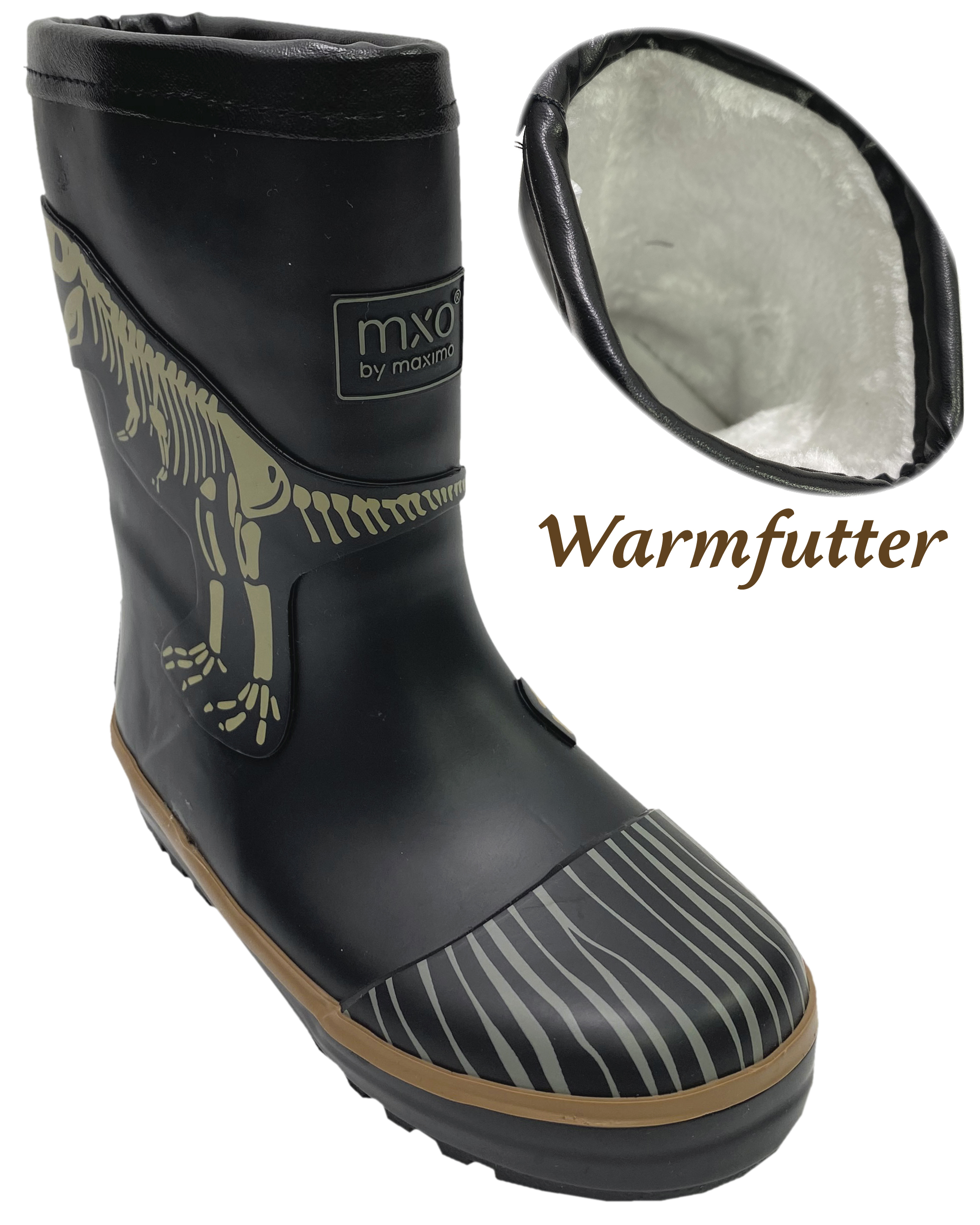Mittelschaft Gummistiefel Naturkautschuk + Warmfutter Schwarz mit DINO Skelett von MAXIMO 112465
