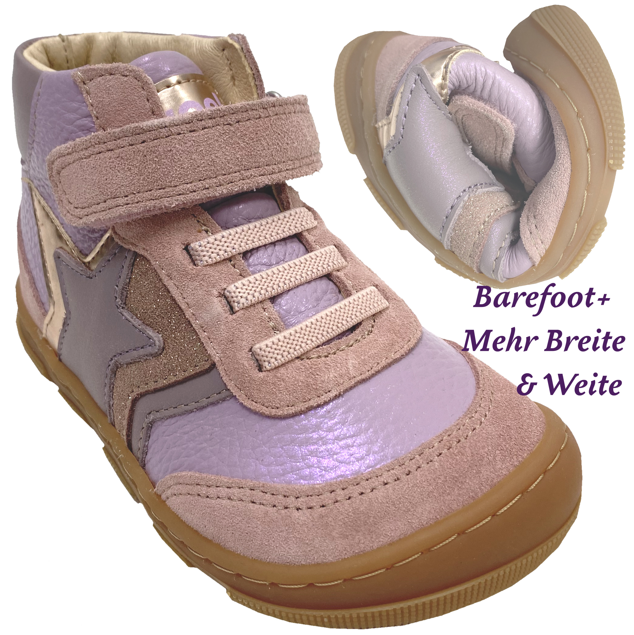 Knöchelhoher Barfußschuh aus Leder Kaltfutter v. KOEL Extra Wide * Kris * Lila Rosa Glitzer 15W004.151