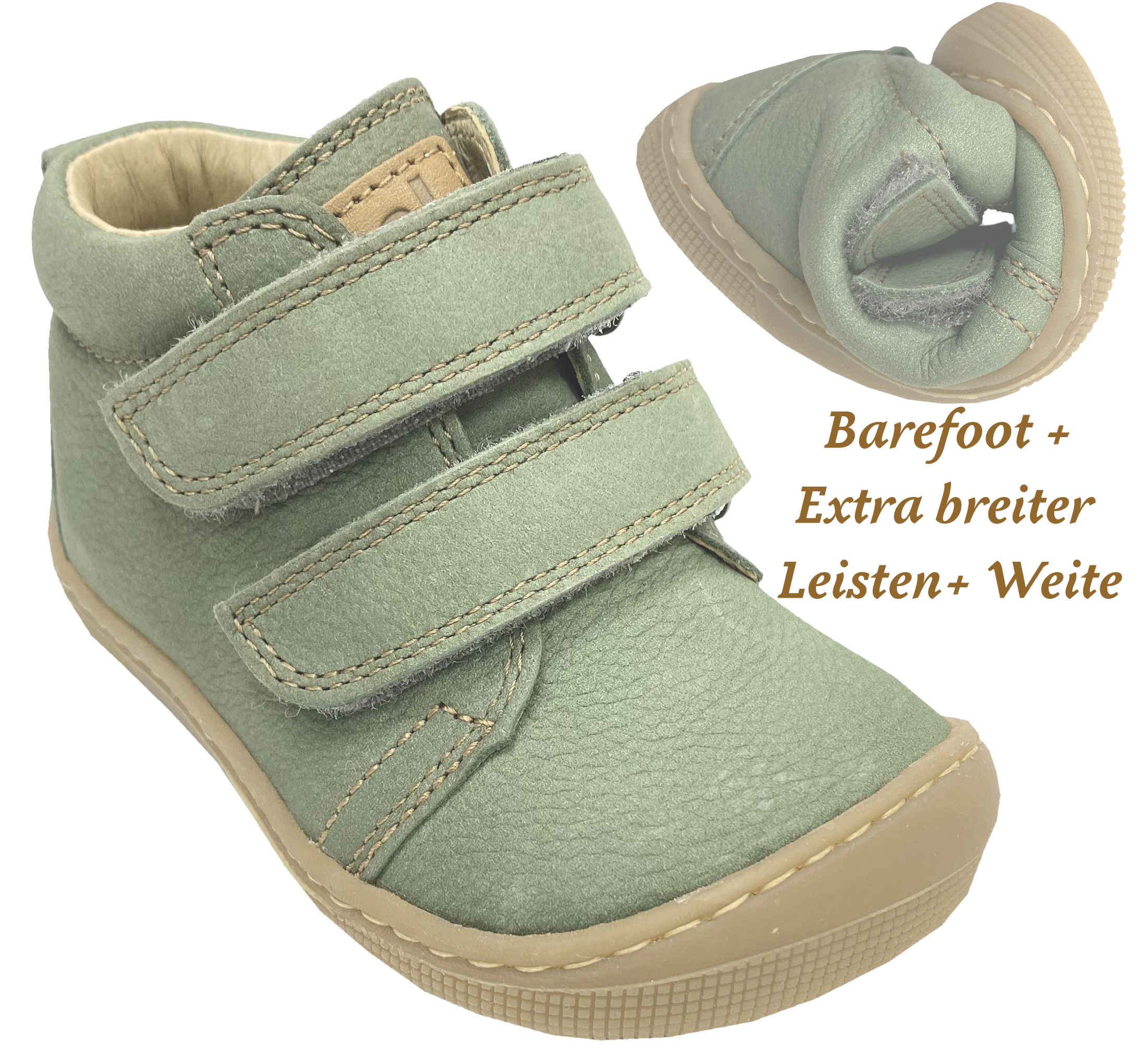 Barfußschuhe Klett, breiter Leisten & Weite *KAMI W* aus Leder in Olive KOEL 07W002.121