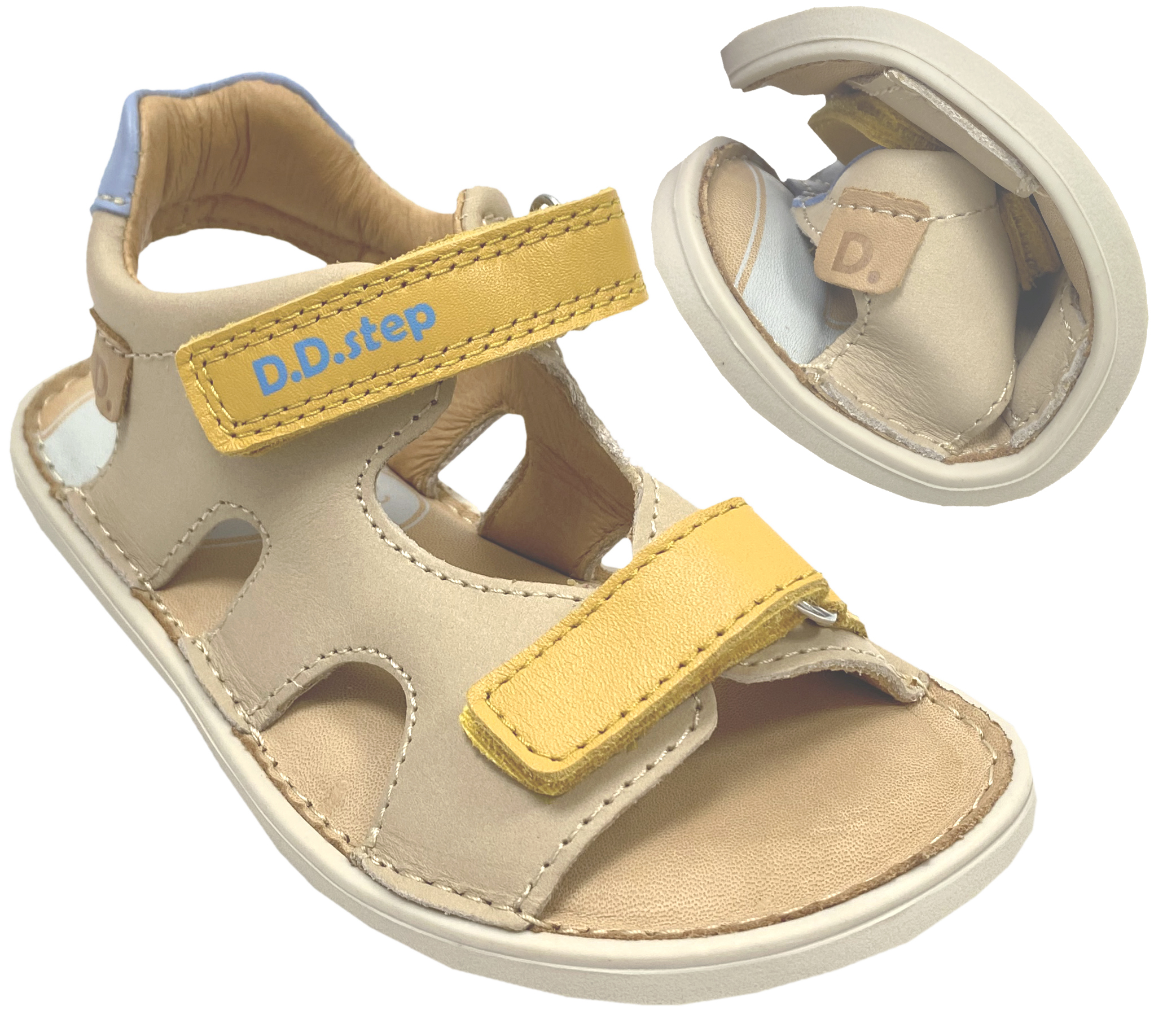 Offene Ledersandale mit Minimalsohle / Barfußsandale in Beige / Gelb von D.D.Step Barefoot 51995