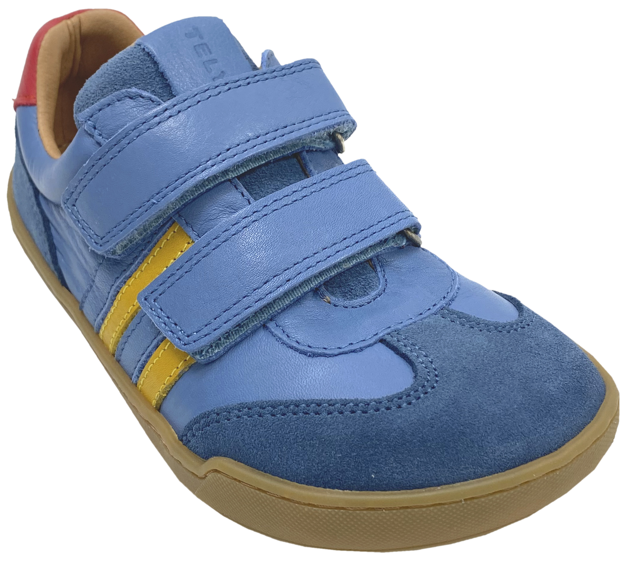Leder Sneaker / Barfußschuhe + seitliche Zierstr. mit Doppelklett in Jeans / Rot / Gelb von TELYOH Barefoot / Runner