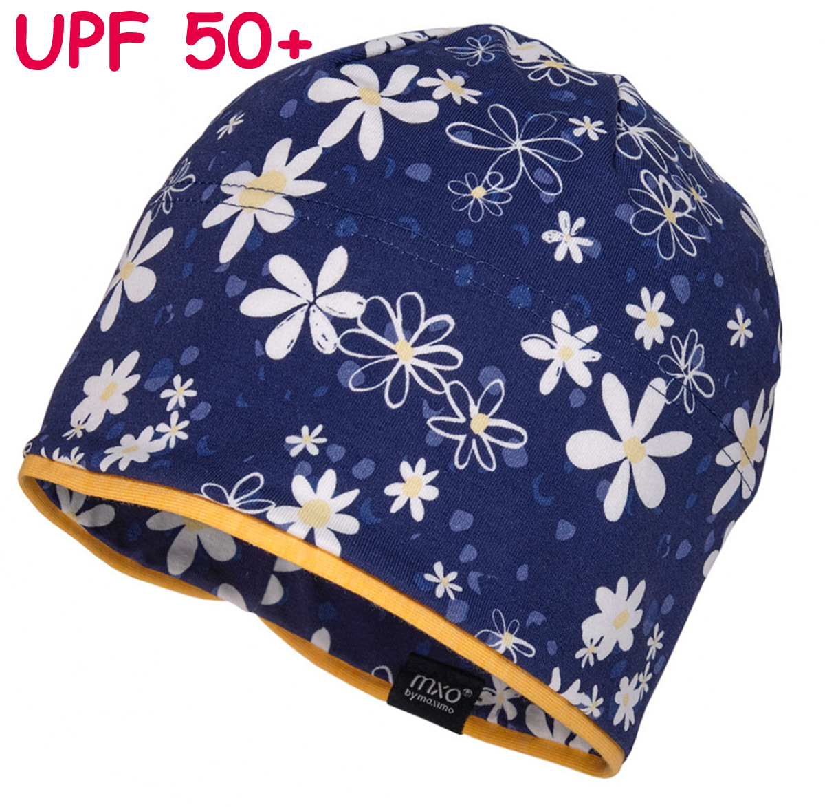 Jersey Beanie in Marine Blau mit Margeriten & gelbem Abschlußsaum UPF 50+ von MAXIMO 081700