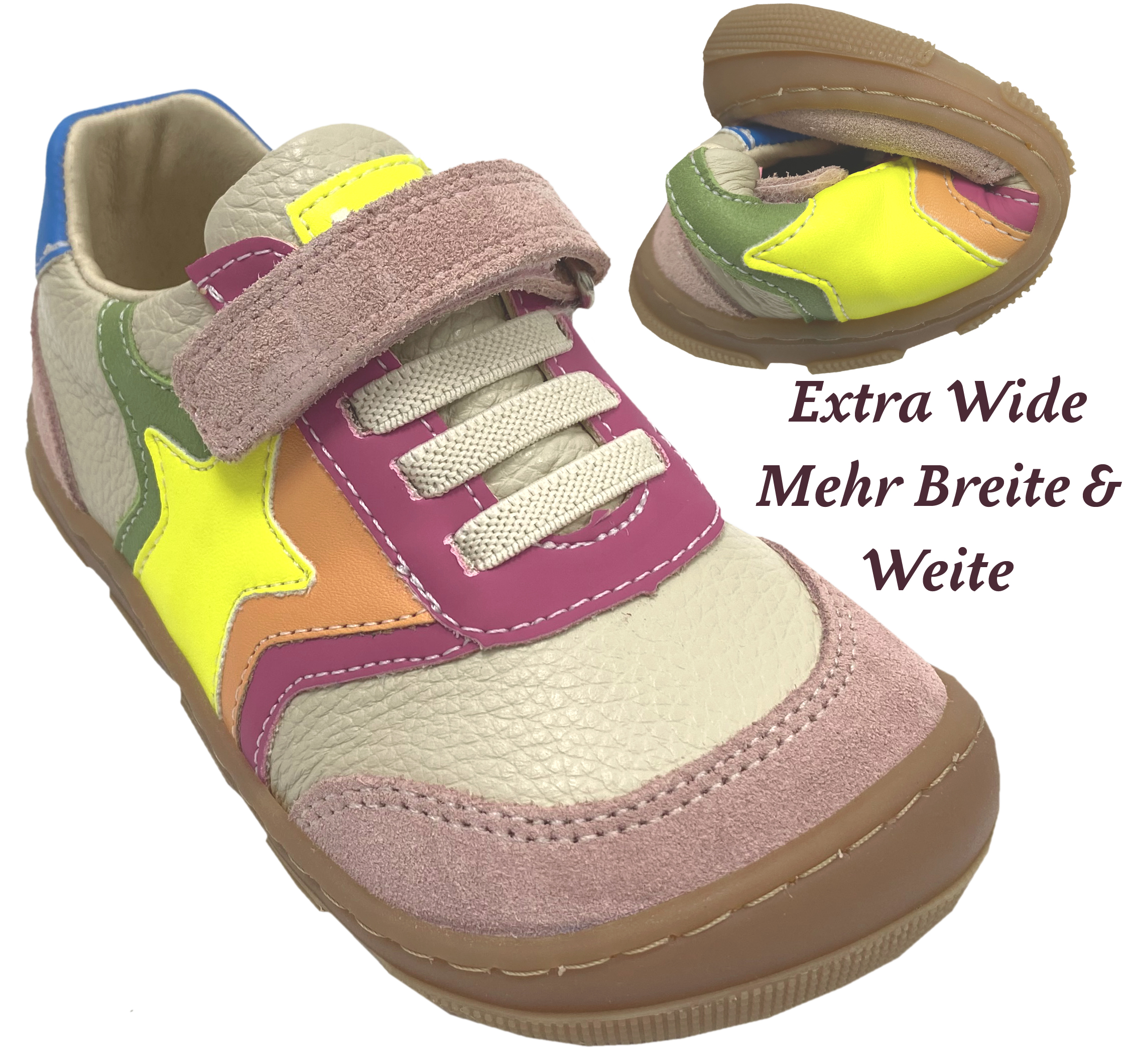 Barfuß Sneaker Pink Bunt Stern, Extra Weite & Breite *Kody Leder * von KOEL Barefoot 15W006.101