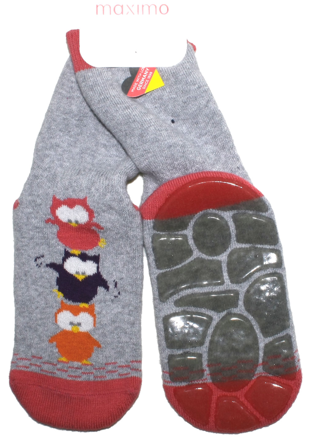 Stopper Socken, rutschfeste Silikon Sohle - 3 Eulen auf Hellgrau Melange - von MAXIMO 338575