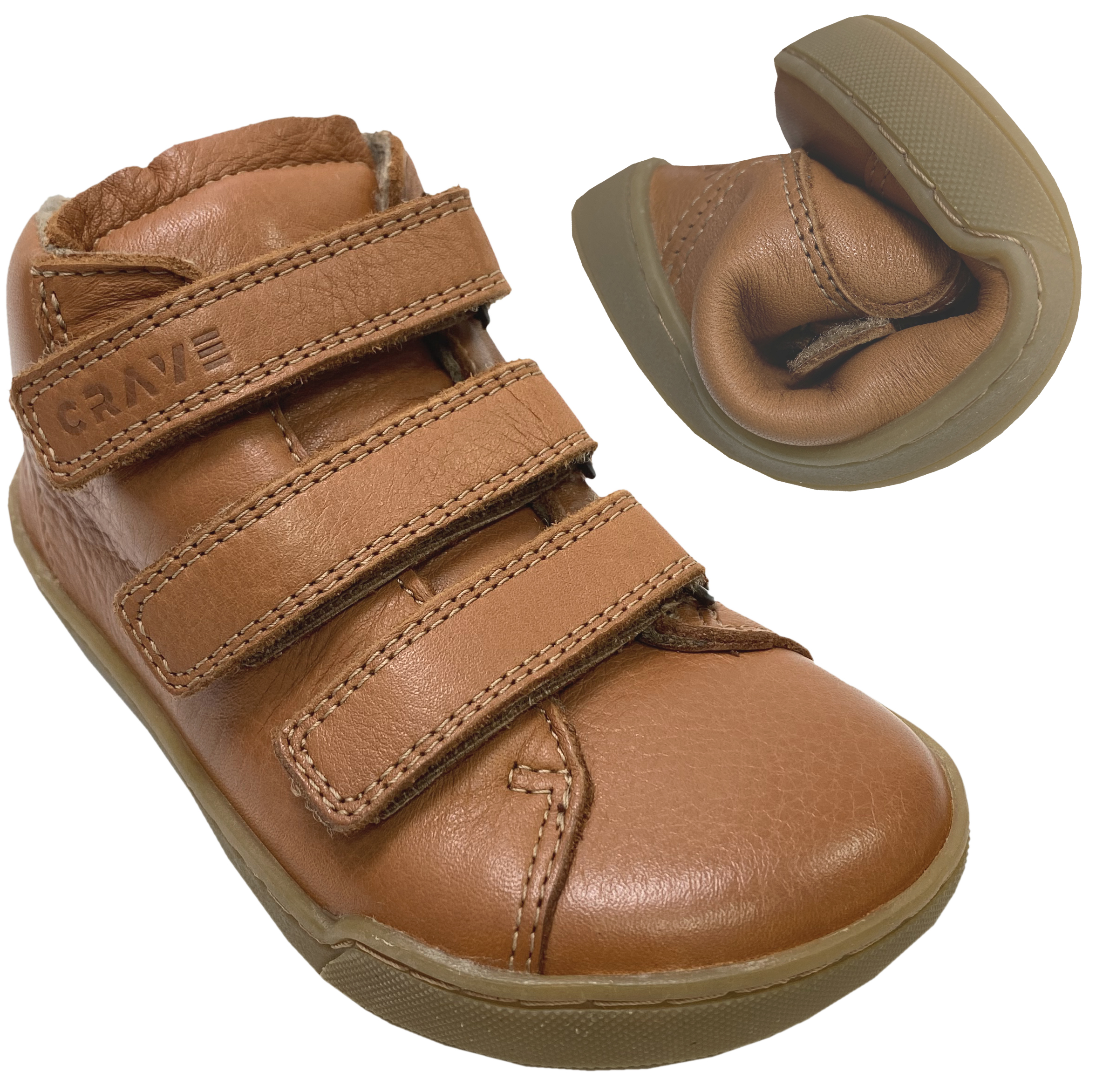 Barfußschuhe/ Halbschuhe aus Glattleder in Cognac mit Wollfilz Futter von CRAVE RIGA Winter